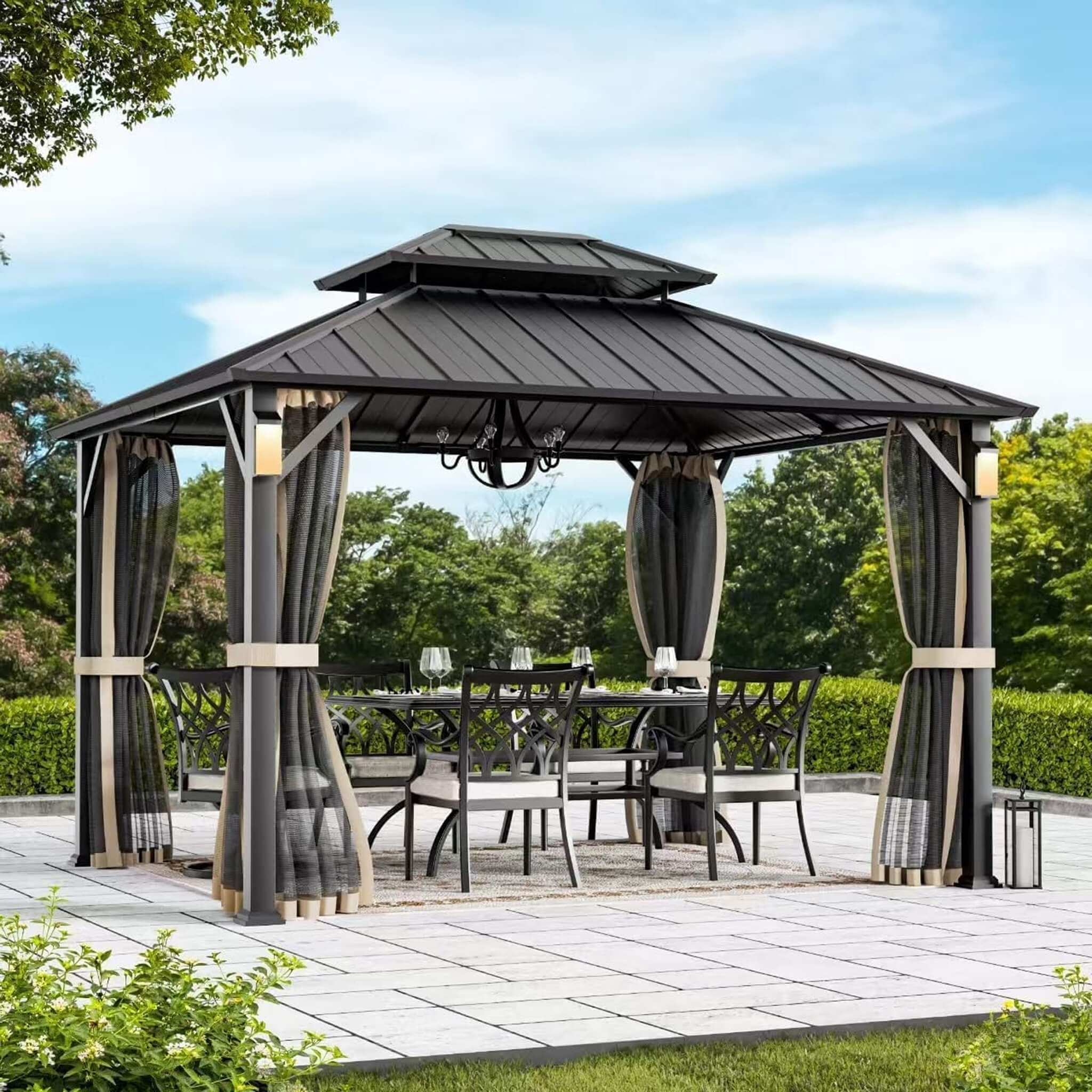 Alora Luxury Double Roof Hardtop Aluminum Gazebo With Decor Hooks, Mosquito Nettings, And LED Lights (SAK91824)