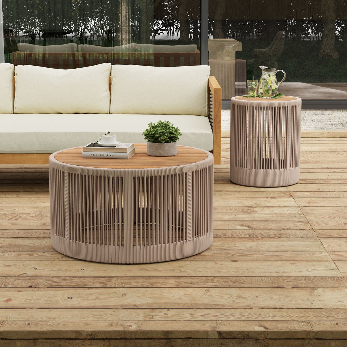 Modern Rustic Coffee Table & Side Table With Woven Rope Design (SAK56739)