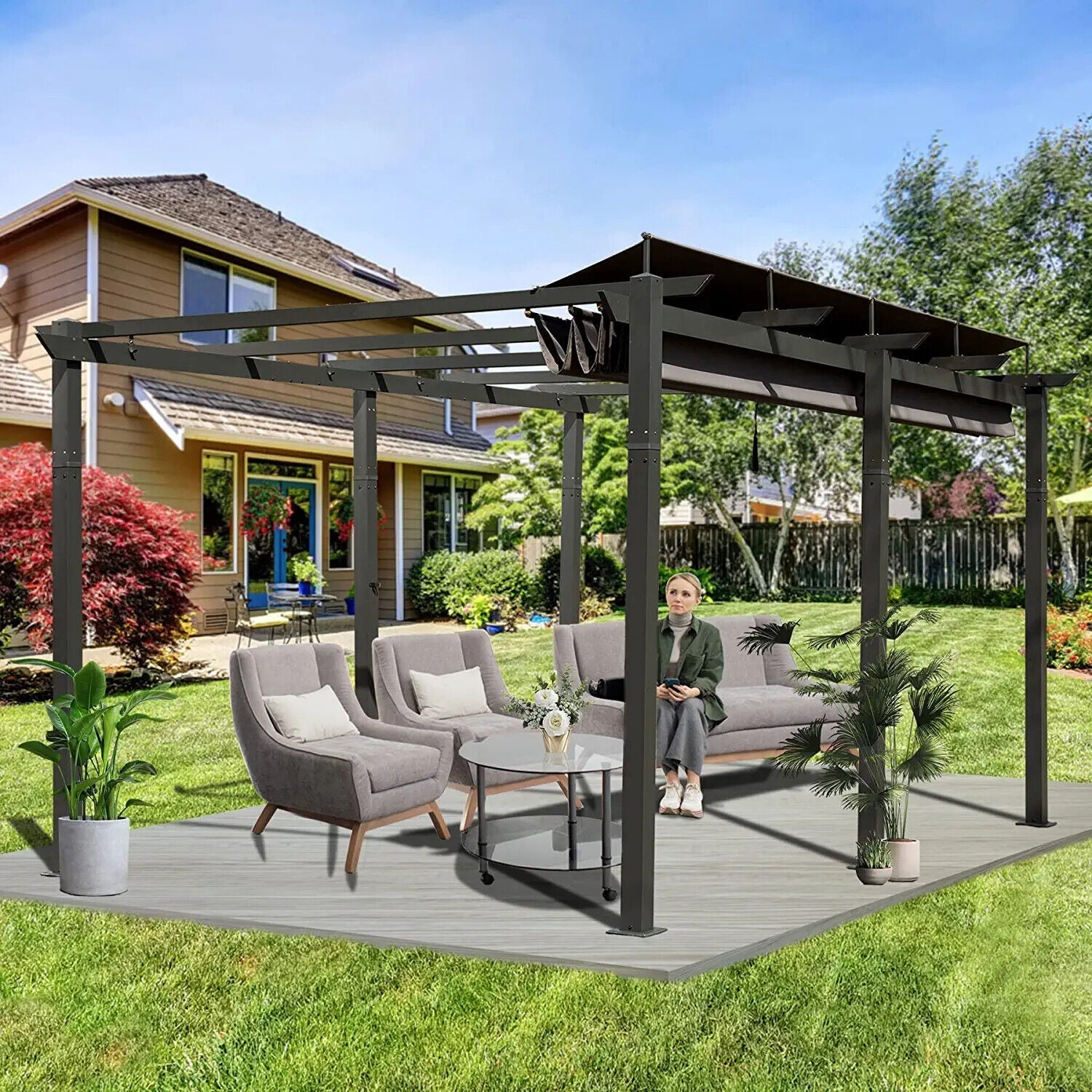 Outdoor Retractable Backyard Aluminum Metal Pergola Gazebo With Roof 11'x16' (SAK16804)