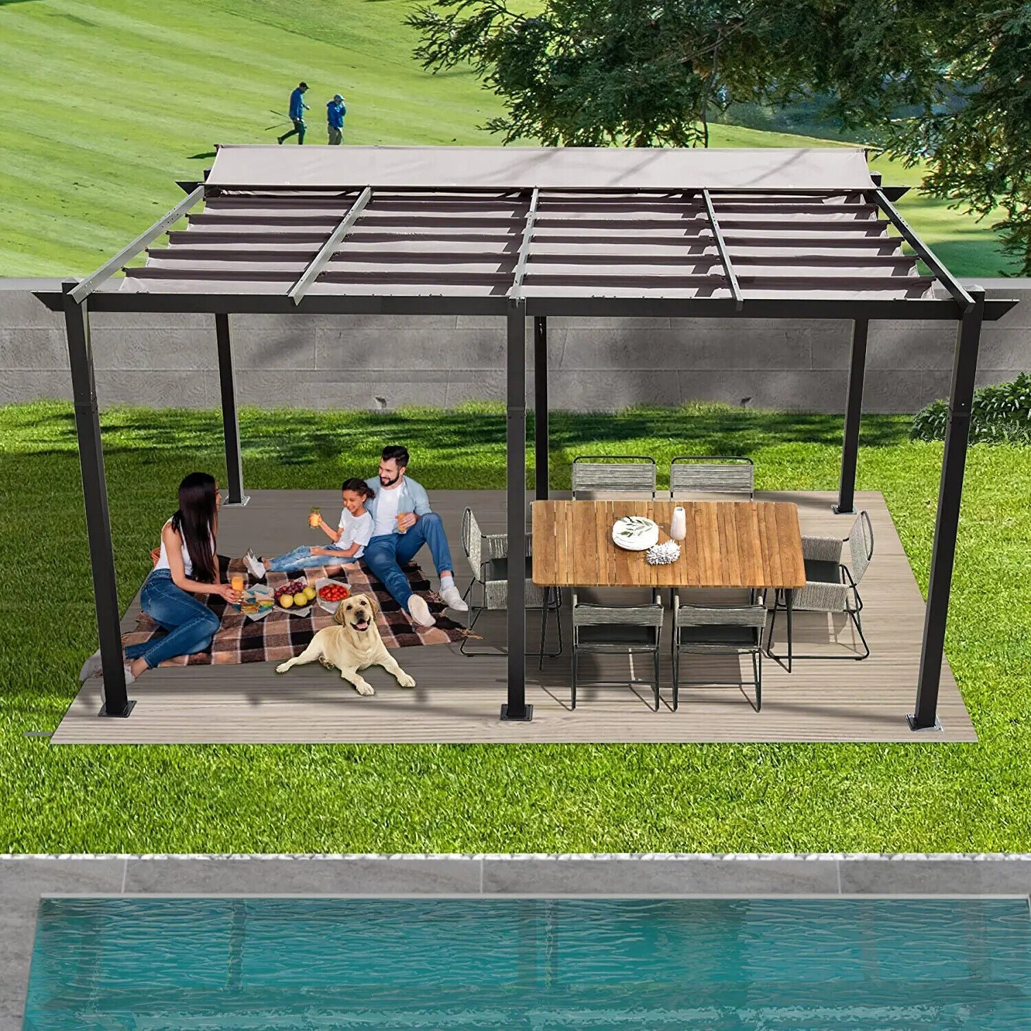 Outdoor Retractable Backyard Aluminum Metal Pergola Gazebo With Roof 11'x16' (SAK16804)