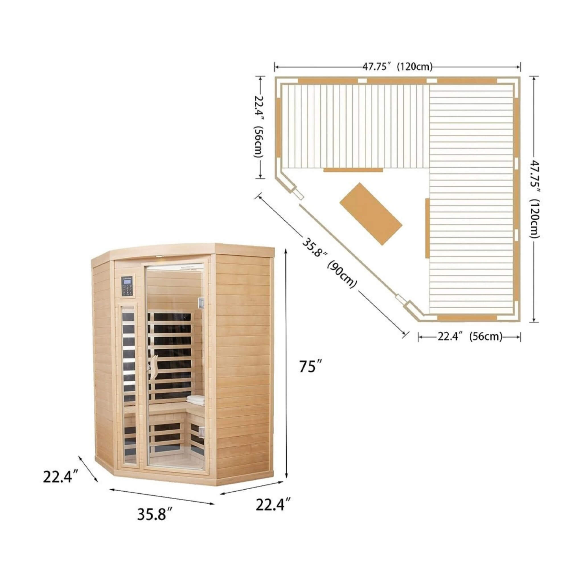 Premium 2-Person Corner Space Infrared Wooden Sauna Room With Bluetooth Speakers, 1600W (SAK81524)