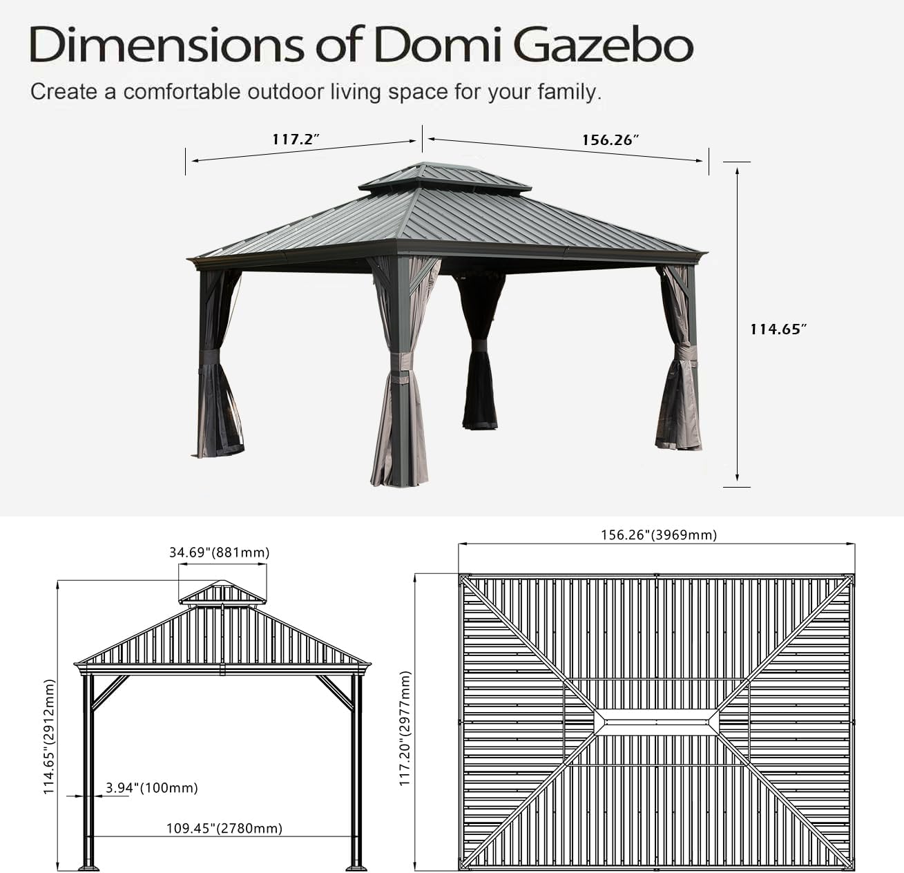 10x13FT Outdoor Gazebo with Galvanized Steel Double Roof