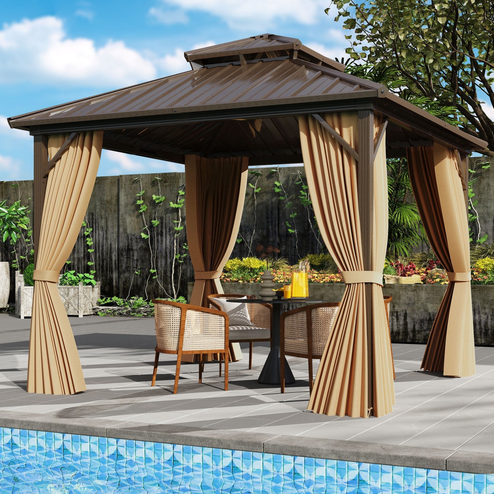 10 X 10 Feet Hardtop Gazebo with Netting and Curtain for Patio Backyard-Coffee