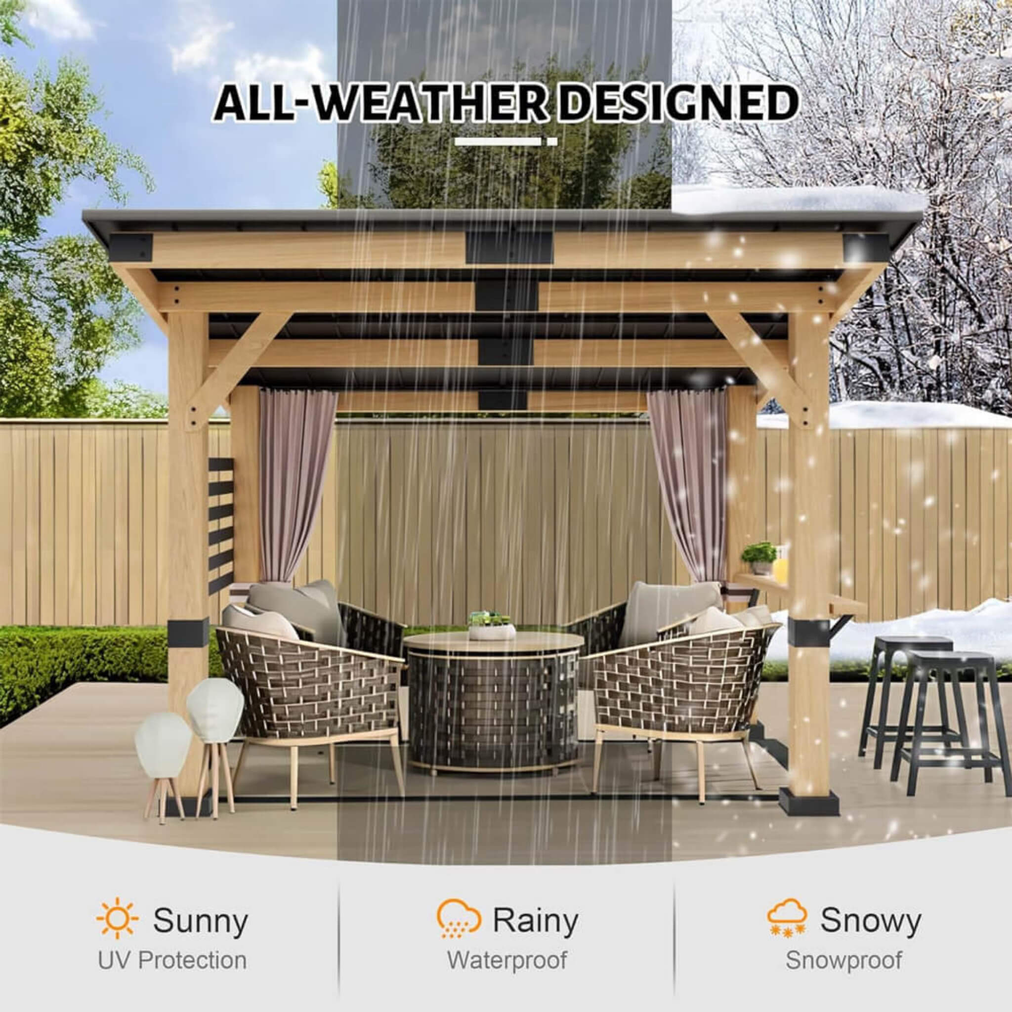 Alora Heavy-Duty Premium Outdoor All-Season Wooden Cedar Hardtop Gazebo With Metal Roof & Back Curtains 10'x12' (SAK57184)