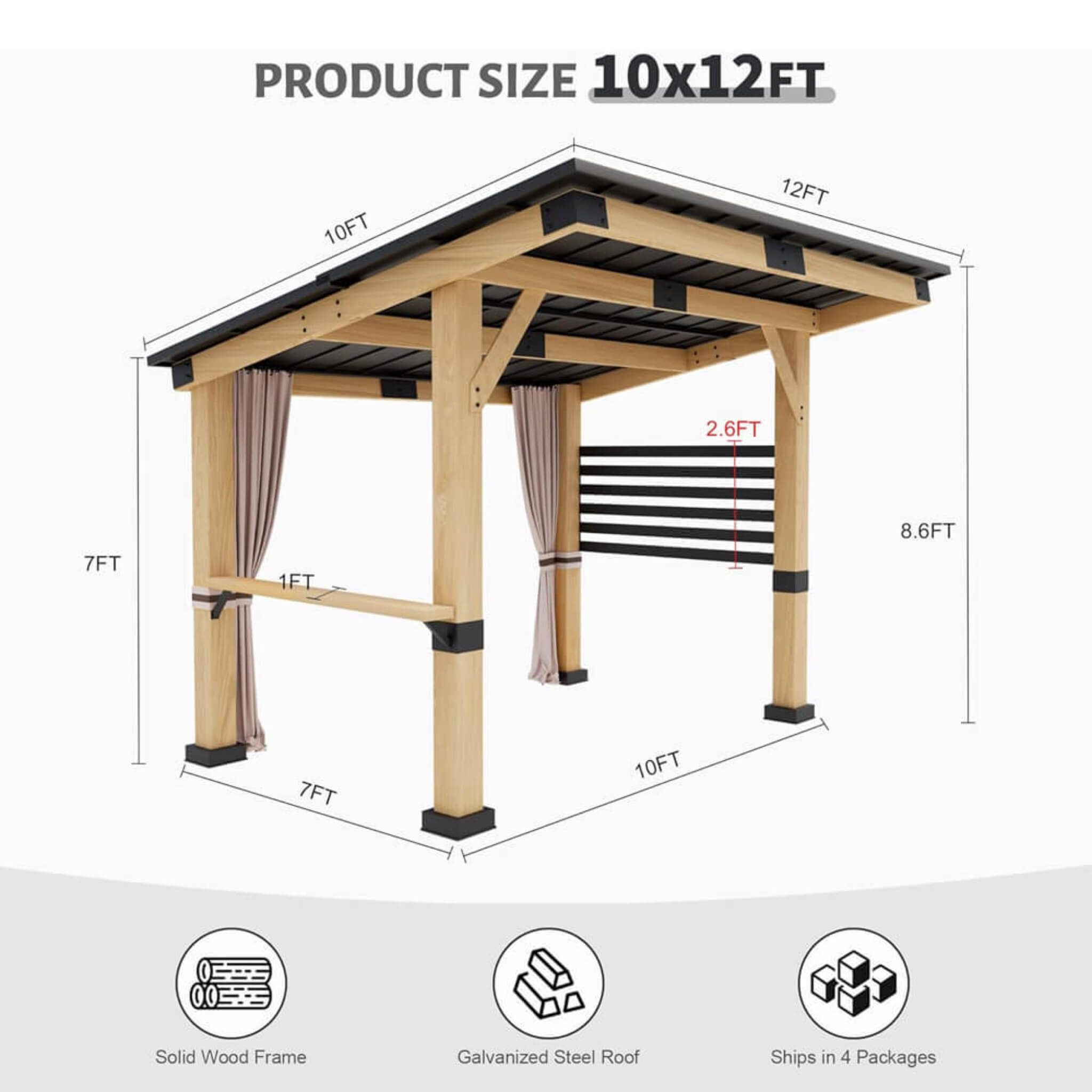 Alora Heavy-Duty Premium Outdoor All-Season Wooden Cedar Hardtop Gazebo With Metal Roof & Back Curtains 10'x12' (SAK57184)