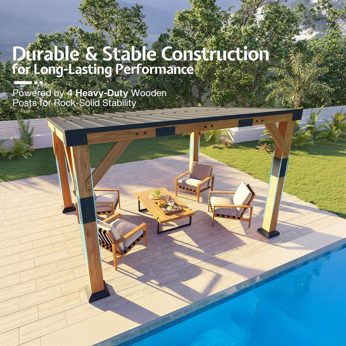 [12X24FT] Premium Galvanized Steel Roof Cedar Wood Hardtop Gazebo (SAK14632)