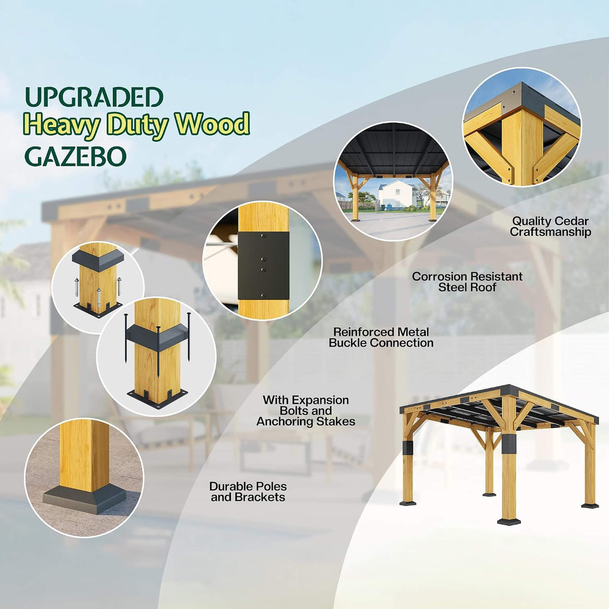 [12X24FT] Premium Galvanized Steel Roof Cedar Wood Hardtop Gazebo (SAK14632)