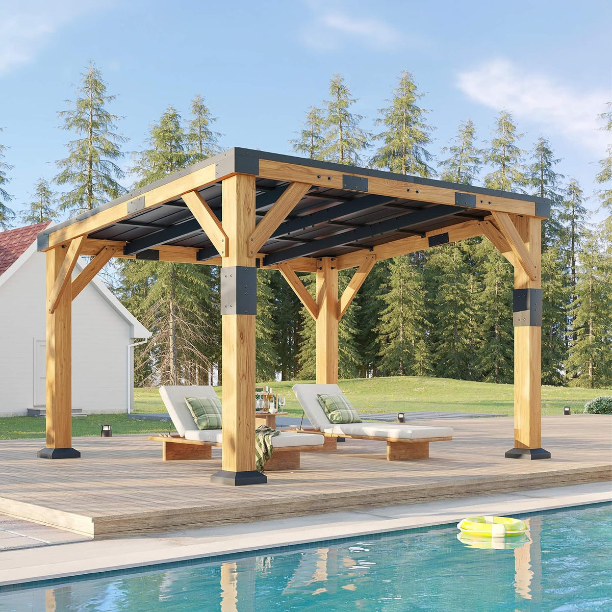 [12X24FT] Premium Galvanized Steel Roof Cedar Wood Hardtop Gazebo (SAK14632)