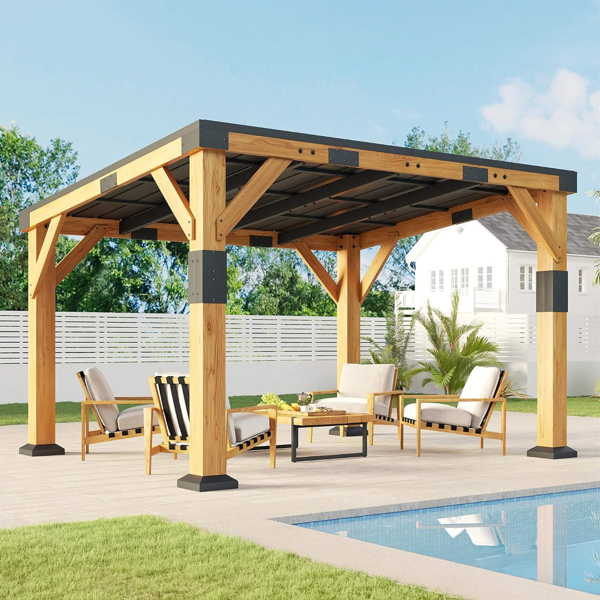 [12X24FT] Premium Galvanized Steel Roof Cedar Wood Hardtop Gazebo (SAK14632)