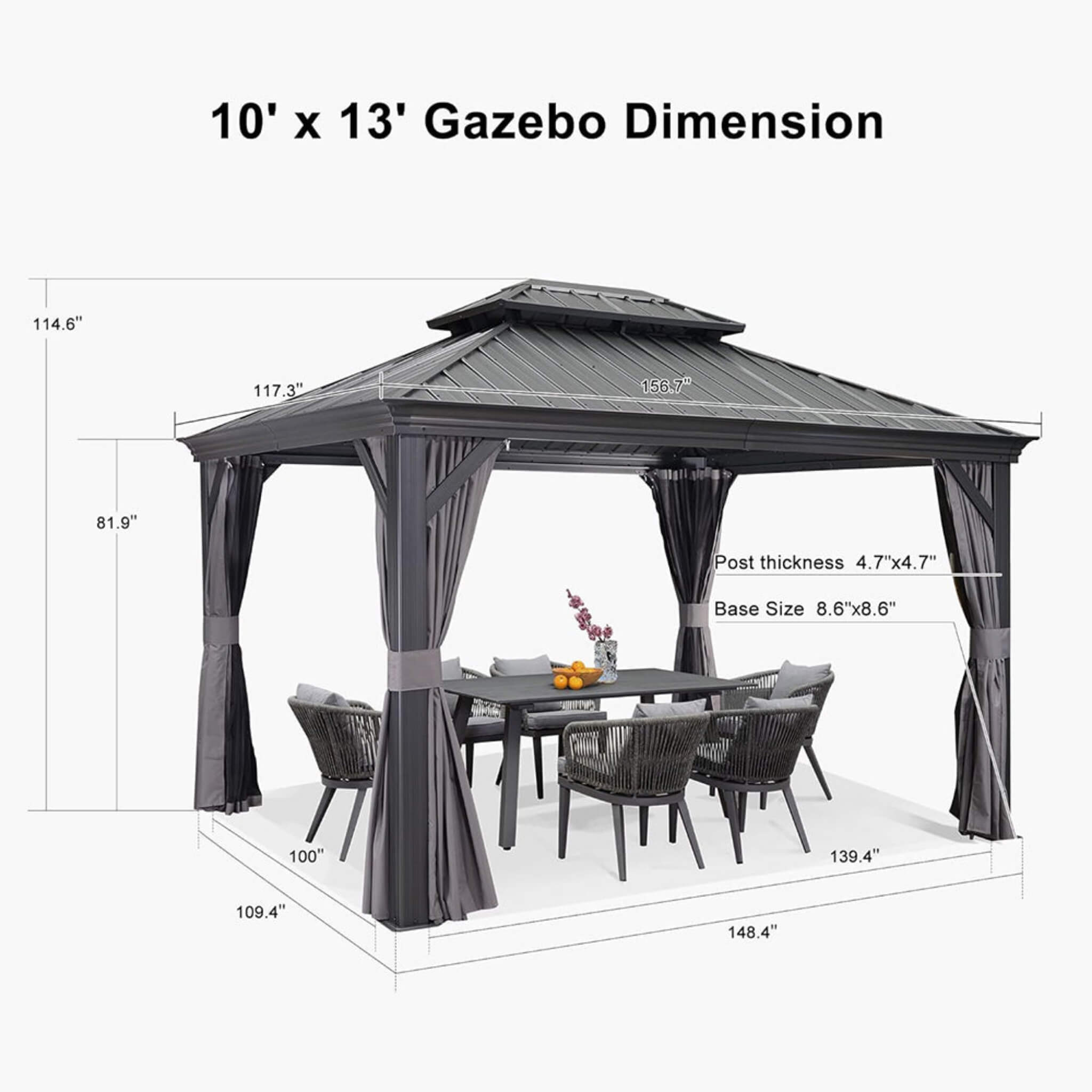 Alora Large Premium Outdoor Hardtop Aluminum Gazebo With Galvanized Steel Double Roof 10'x13' (SAK74826)
