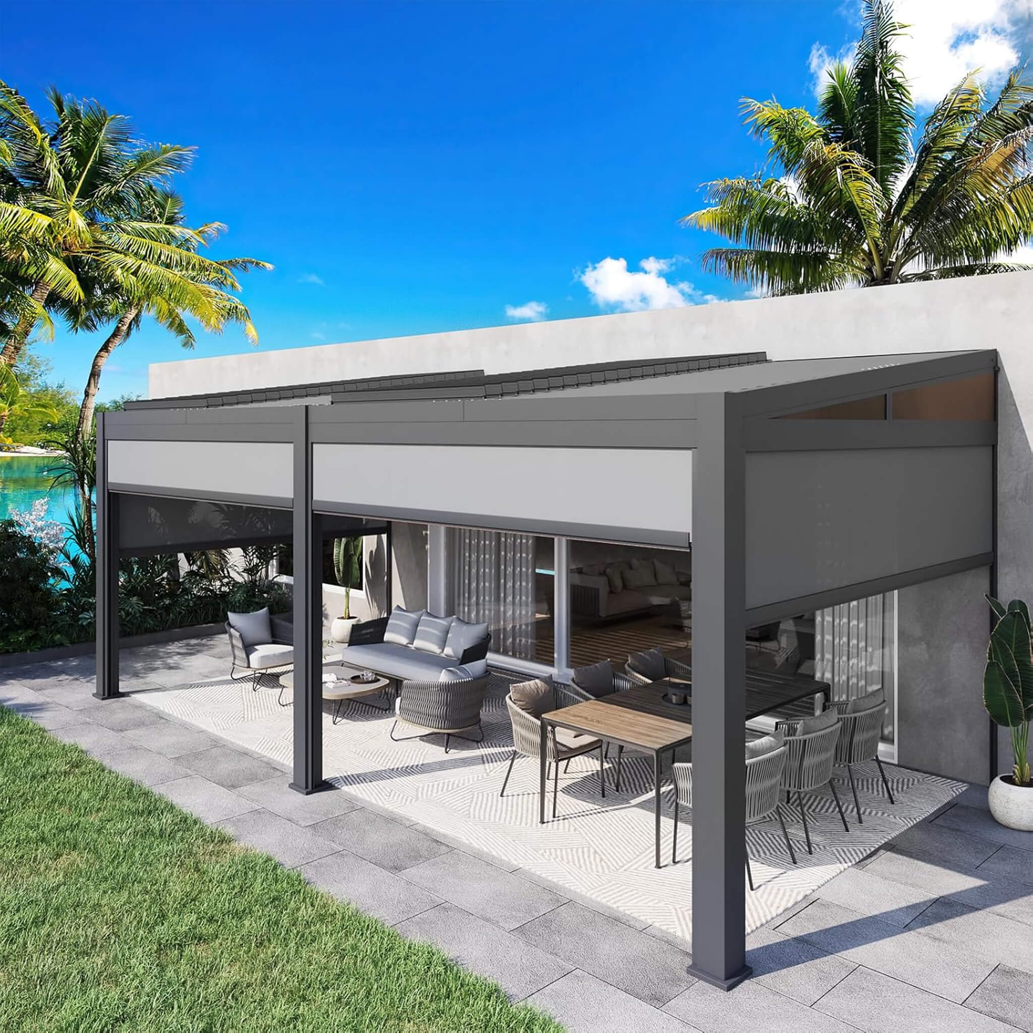 Alora Luxury Wall-Mounted Aluminum Louvered Pergola With Pull-Down Screens 10'x20' (SAK91537)