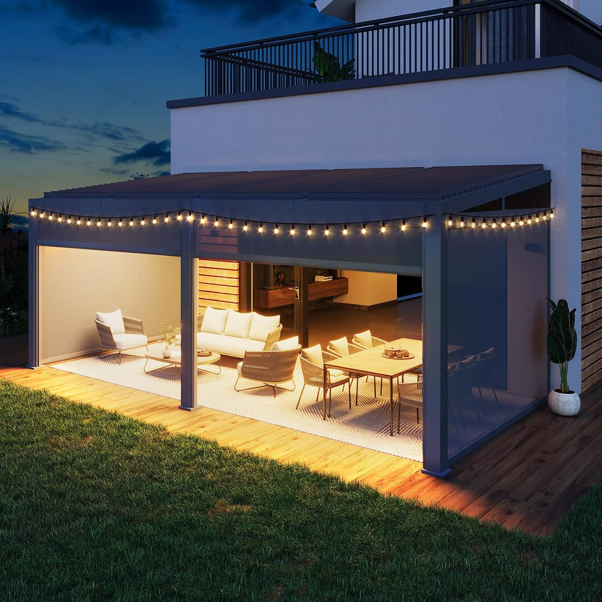 Alora Luxury Wall-Mounted Aluminum Louvered Pergola With Pull-Down Screens 10'x20' (SAK91537)