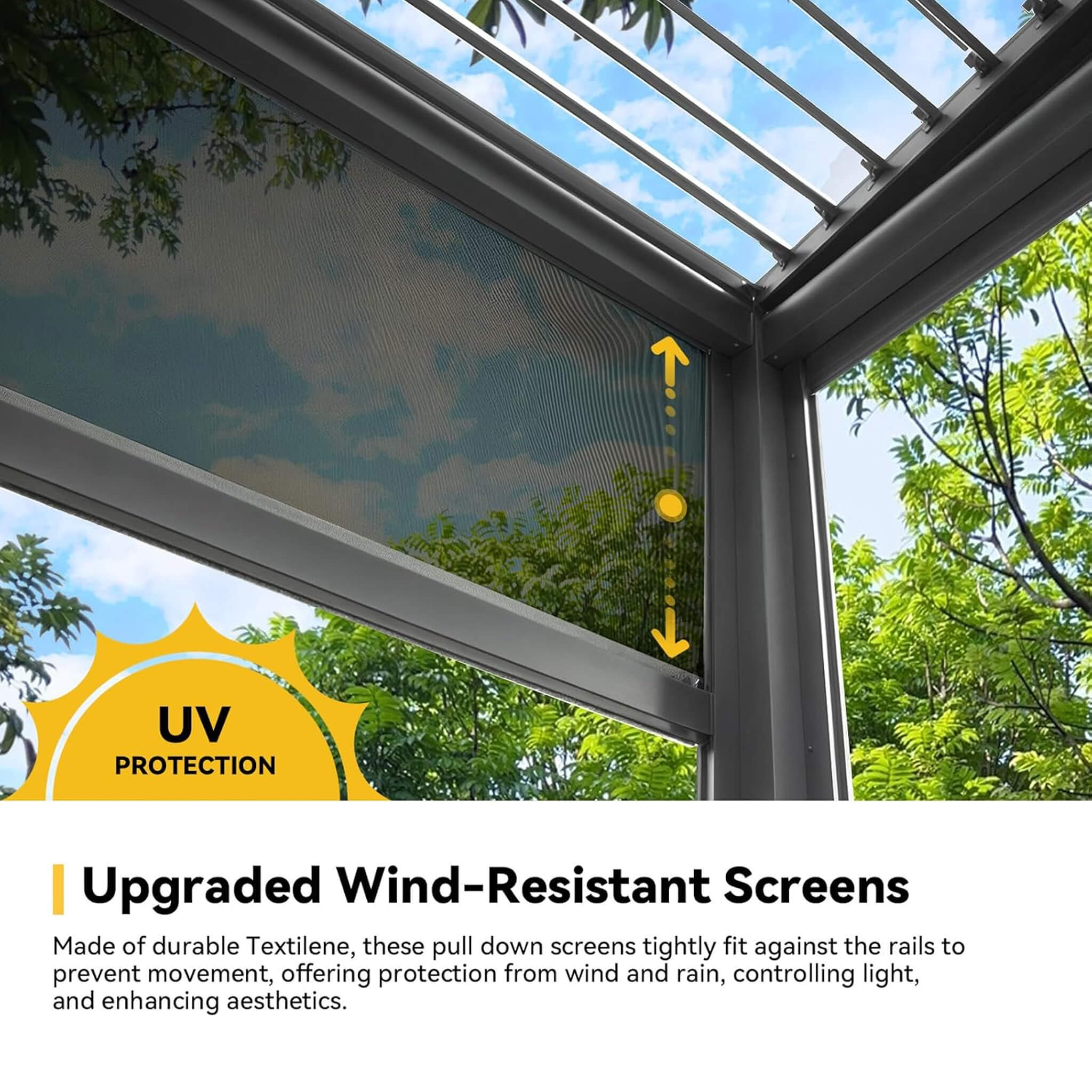 Alora Luxury Wall-Mounted Aluminum Louvered Pergola With Pull-Down Screens 10'x20' (SAK91537)