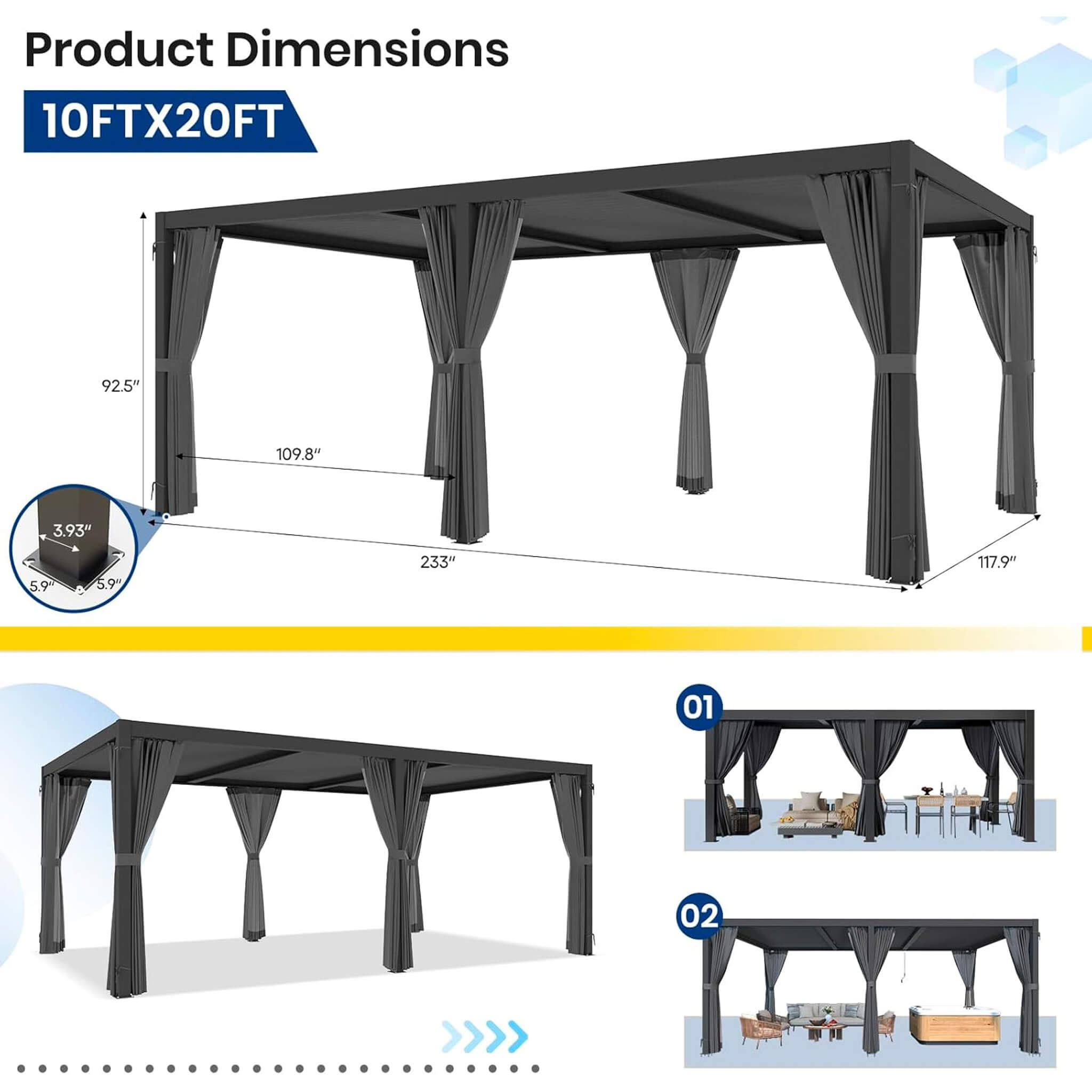 Alora Premium Louvered Pergola With Curtains And Netting 10'x20' (SAK67041)