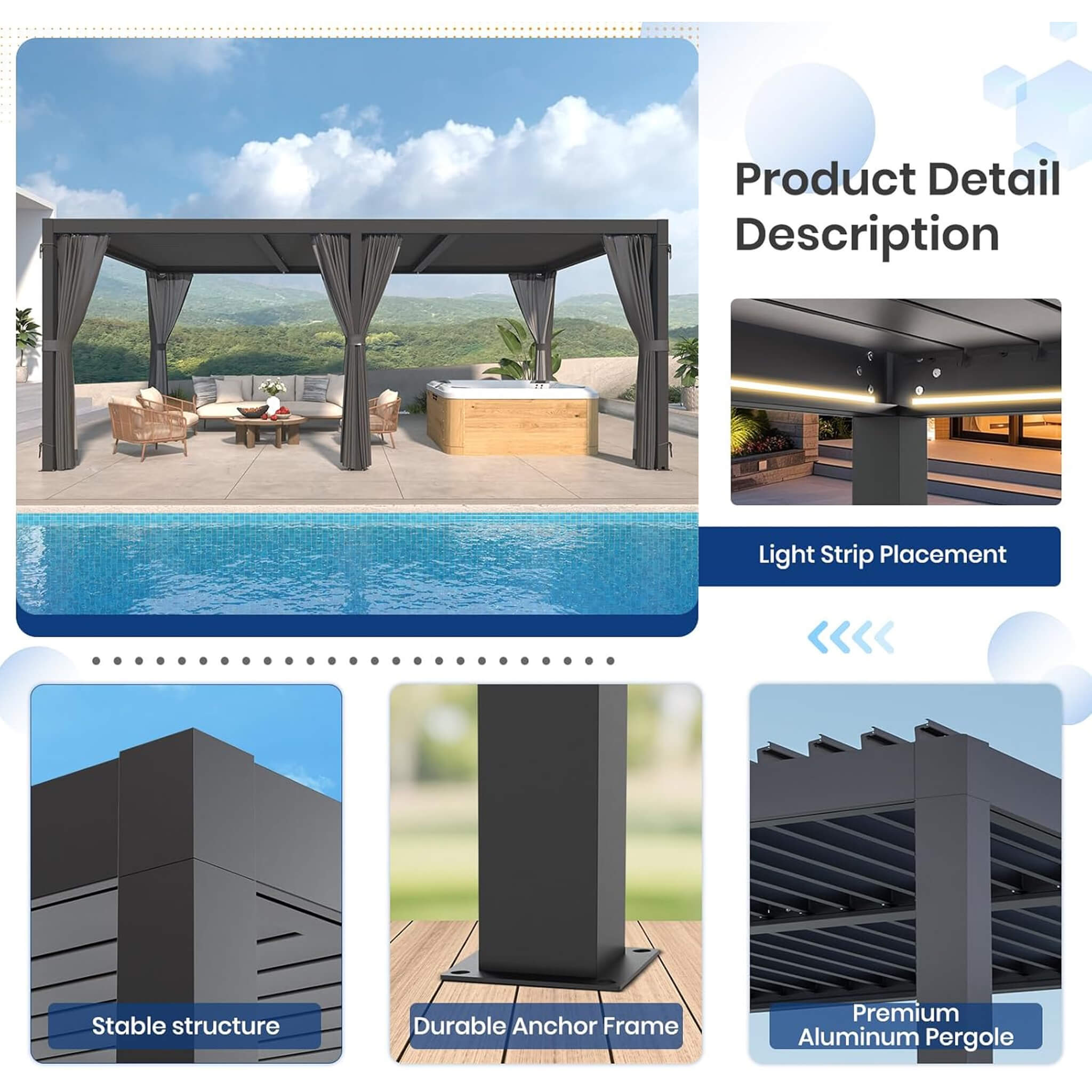 Alora Premium Louvered Pergola With Curtains And Netting 10'x20' (SAK67041)