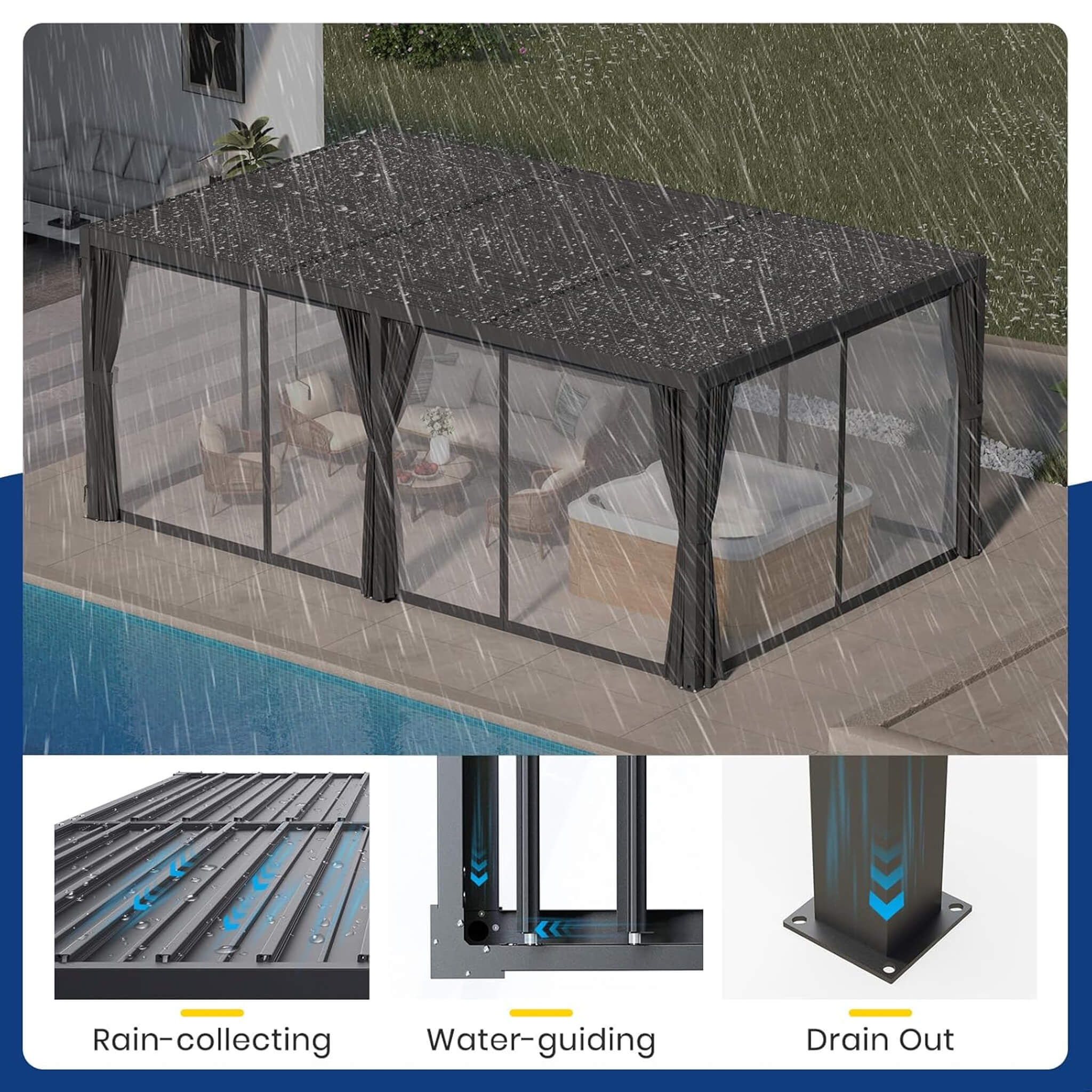 Alora Premium Louvered Pergola With Curtains And Netting 10'x20' (SAK67041)