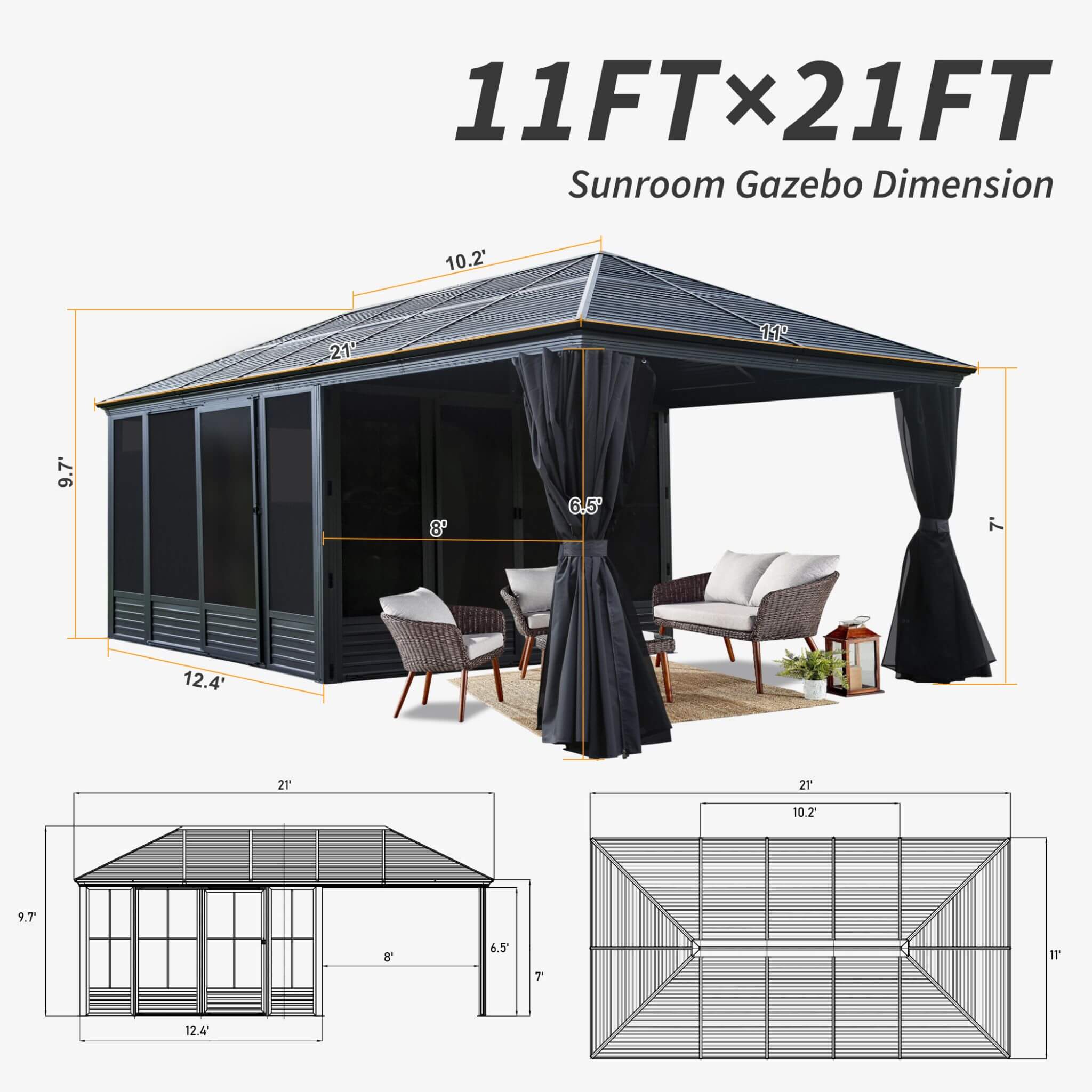 Alora Outdoor All-Season Solarium Sunroom Gazebo With Galvanized Steel Roof 11'x21' (SAK42018)