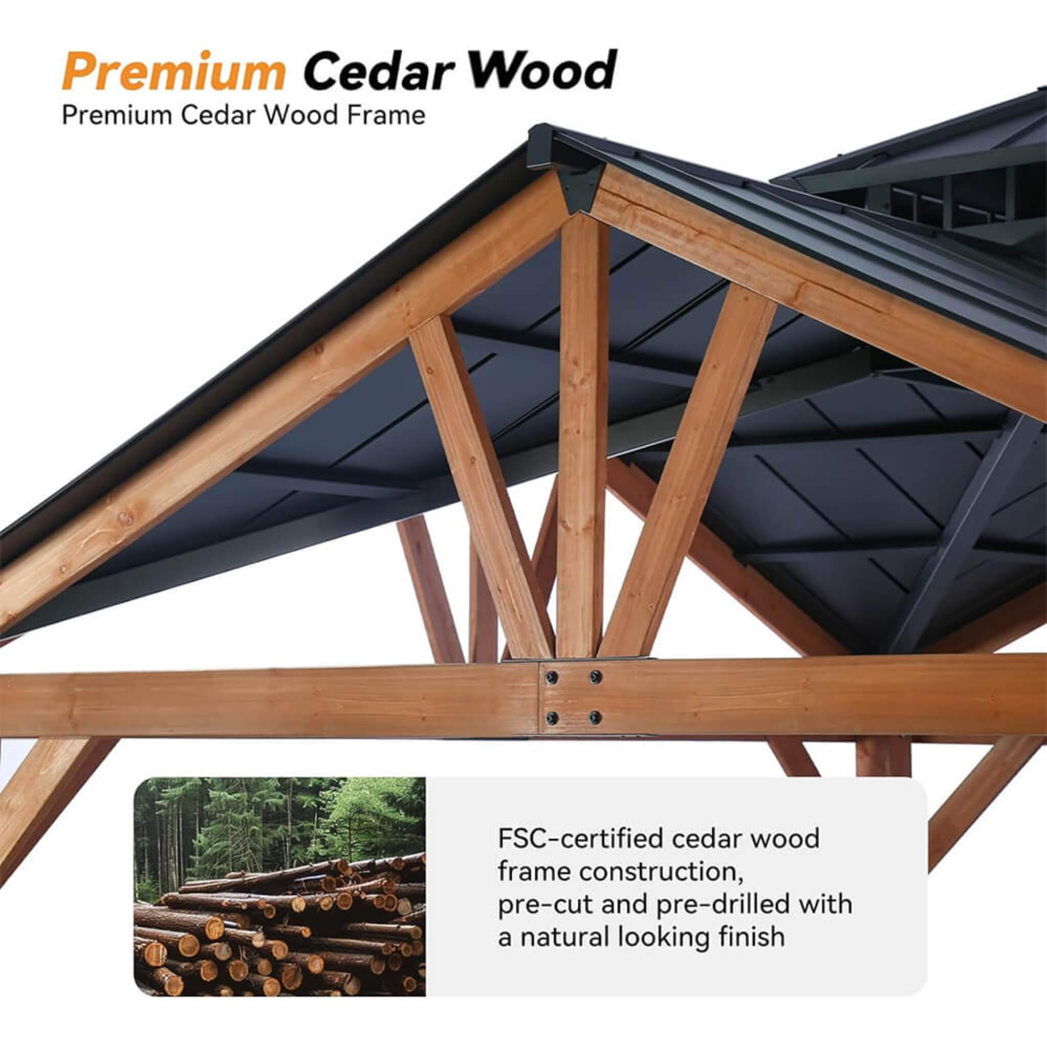 Alora Premium Outdoor Cedar Wood Hardtop Gazebo With Galvanized Steel Roof 12'x12' (SAK31864)