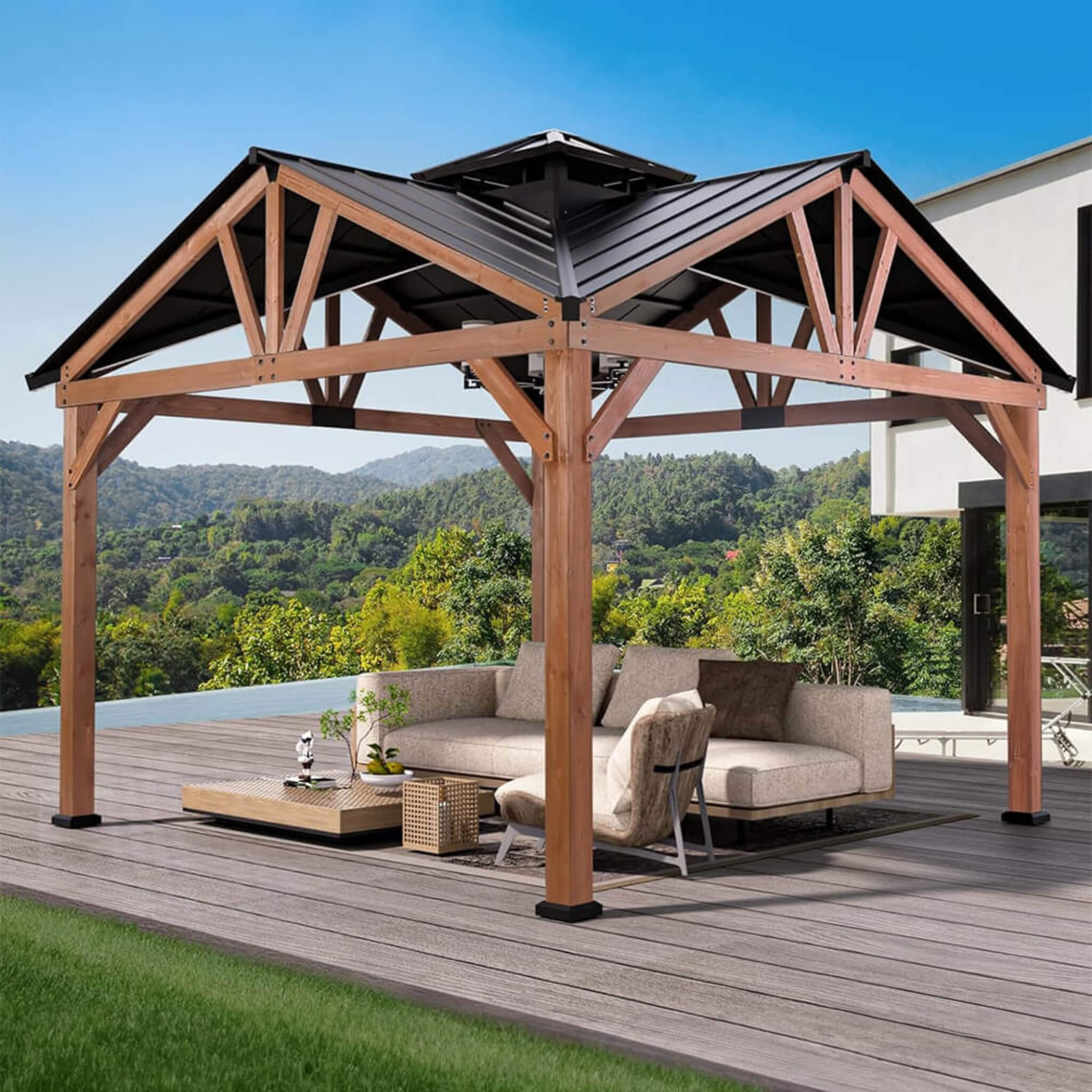 Alora Premium Outdoor Cedar Wood Hardtop Gazebo With Galvanized Steel Roof 12'x12' (SAK31864)