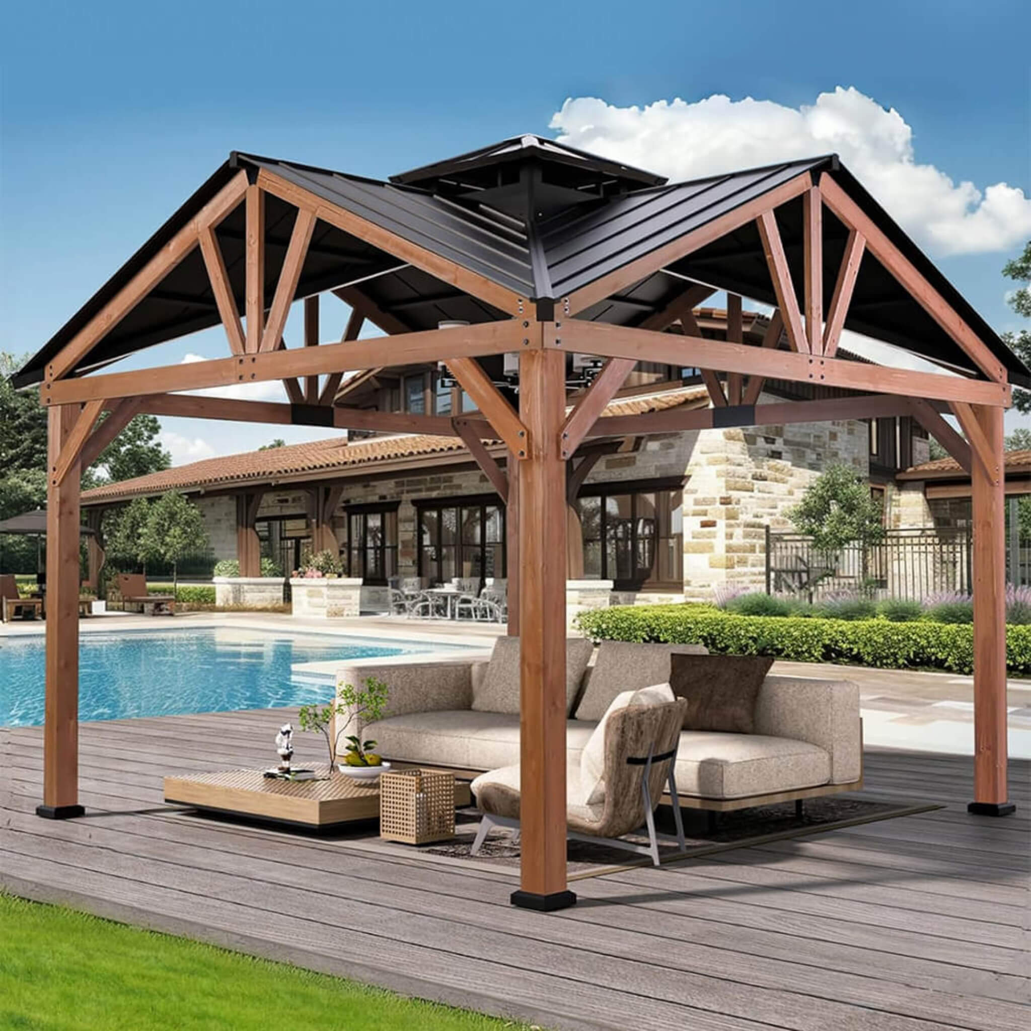 Alora Premium Outdoor Cedar Wood Hardtop Gazebo With Galvanized Steel Roof 12'x12' (SAK31864)