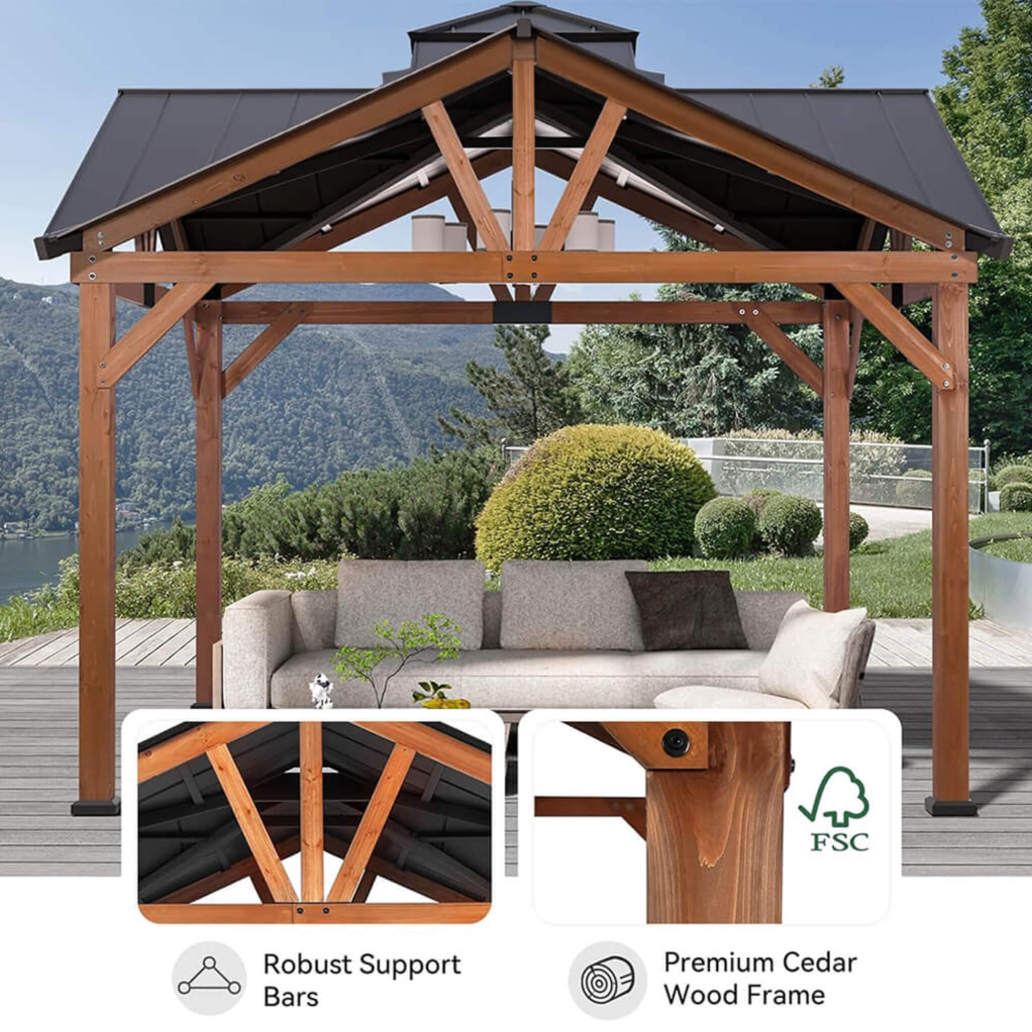 Alora Premium Outdoor Cedar Wood Hardtop Gazebo With Galvanized Steel Roof 12'x12' (SAK31864)