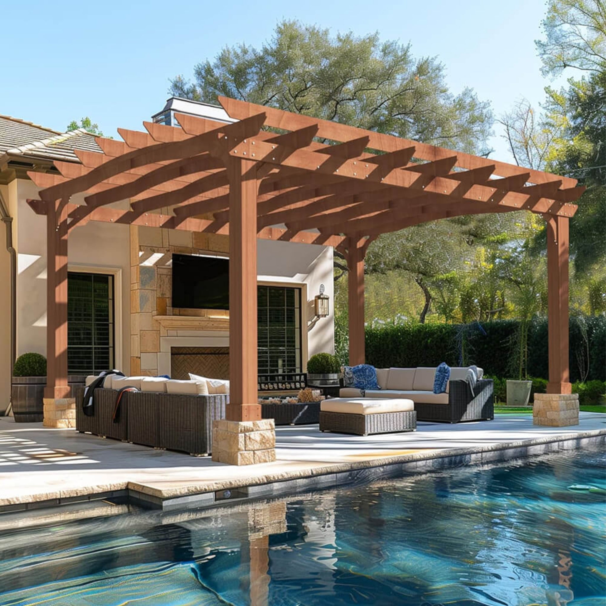 Alora Luxury Outdoor All-Season Backyard Cedar Wood Gazebo Pergola With Arched Roof And Stakes For Patios 12'x14' (SAK68194)