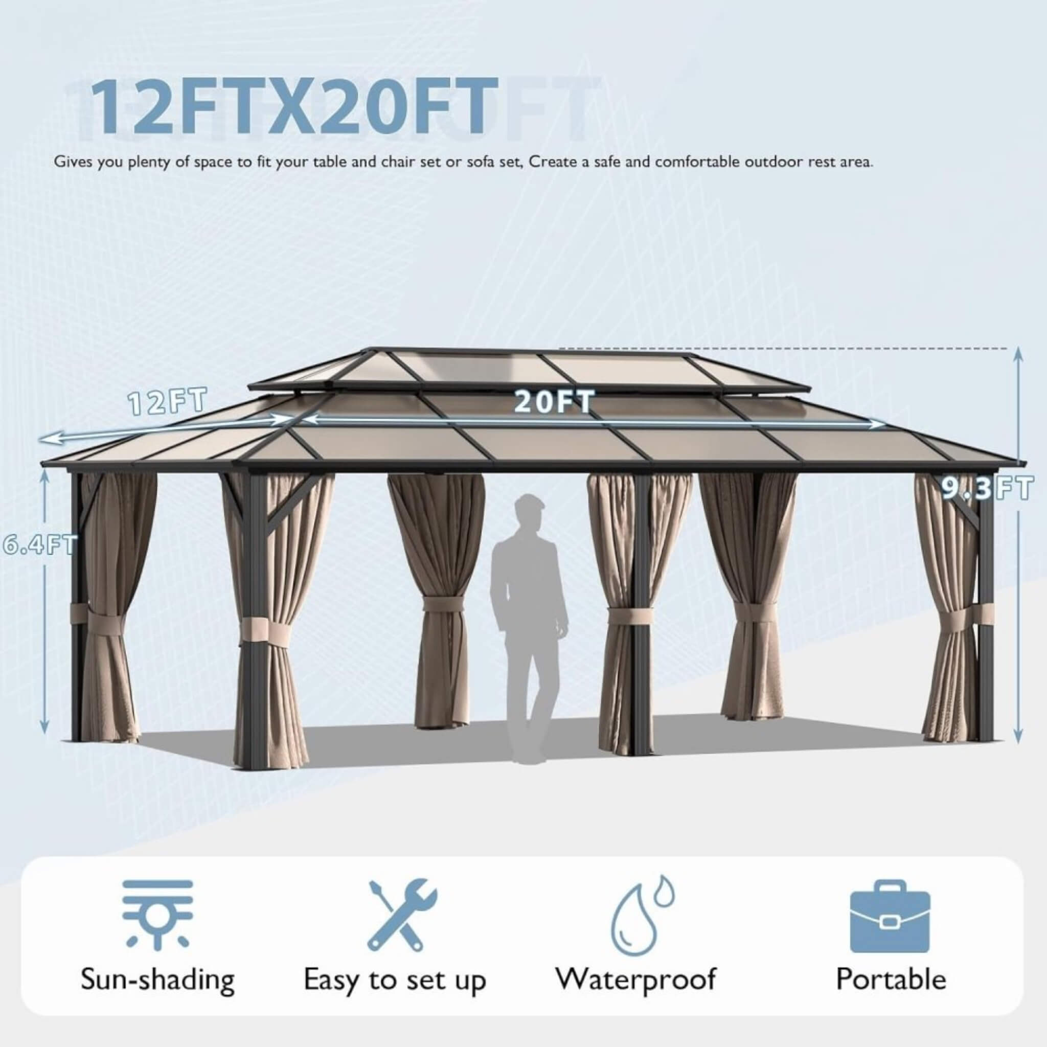 Alora Premium Aluminum Outdoor Polycarbonate Hardtop Gazebo With UV Protection, Netting & Curtains 12'x20' (SAK36580)