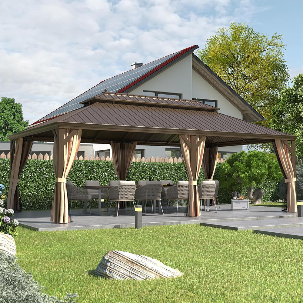 Alora Heavy-Duty Aluminum Galvanized Steel Double Roof Hardtop Gazebo With Netting And Curtains 14'x24' (SAK41853)