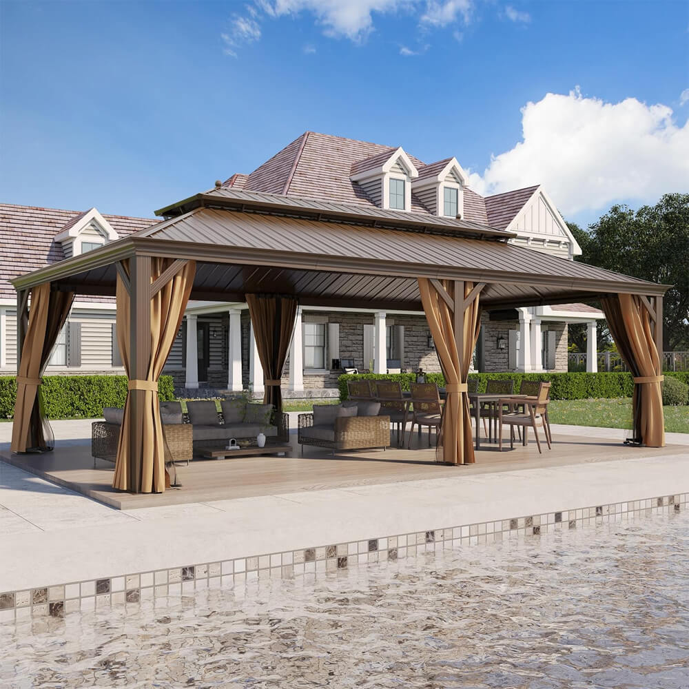 Alora Heavy-Duty Aluminum Galvanized Steel Double Roof Hardtop Gazebo With Netting And Curtains 14'x24' (SAK41853)