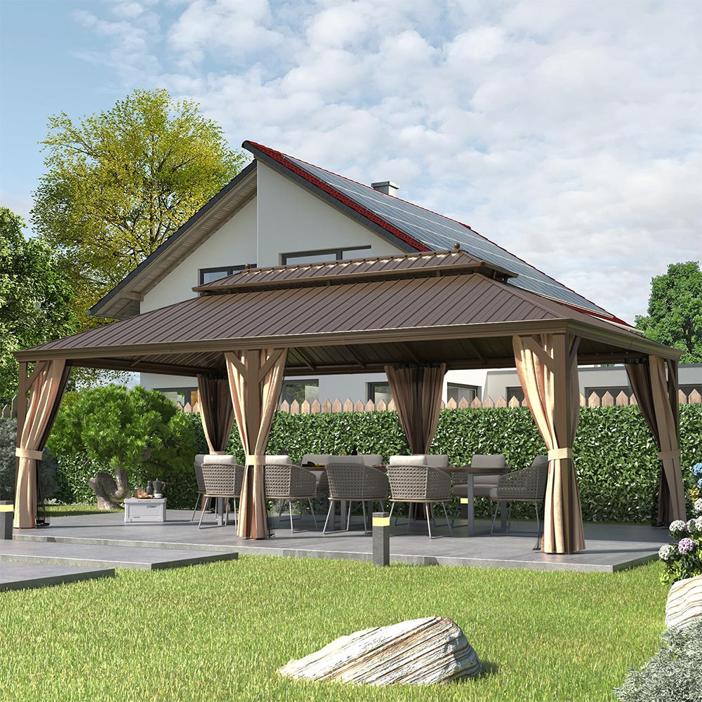 Alora Heavy-Duty Aluminum Galvanized Steel Double Roof Hardtop Gazebo With Netting And Curtains 14'x24' (SAK41853)