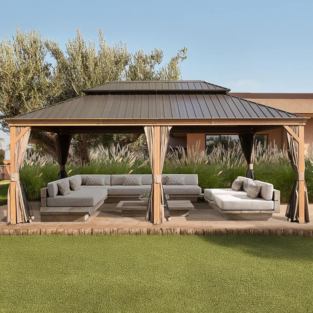 Alora Heavy-Duty Aluminum Galvanized Steel Double Roof Hardtop Gazebo With Netting And Curtains 14'x24' (SAK41853)