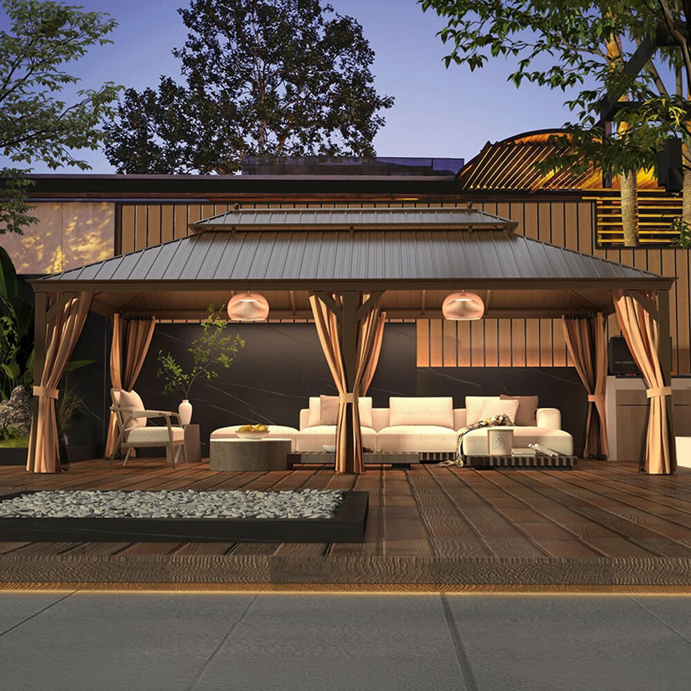 Alora Heavy-Duty Aluminum Galvanized Steel Double Roof Hardtop Gazebo With Netting And Curtains 14'x24' (SAK41853)