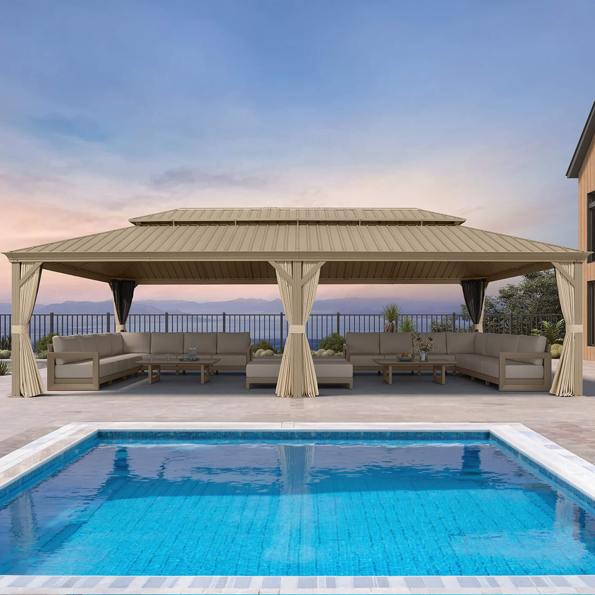 Alora Extra-Large Hardtop Gazebo With Galvanized Steel Double Roof, Curtains And Netting 14'x28' (SAK85731)