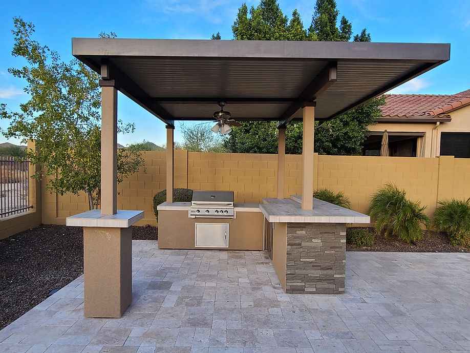 KoKoMo Outdoor Kitchen BBQ Island with 12'x12' Pergola – Built-In 4-Burner Grill, Refrigerator, and Lighting
