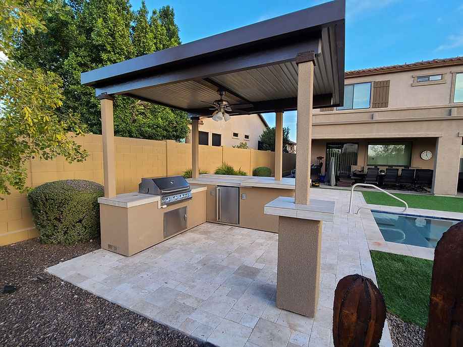 KoKoMo Outdoor Kitchen BBQ Island with 12'x12' Pergola – Built-In 4-Burner Grill, Refrigerator, and Lighting