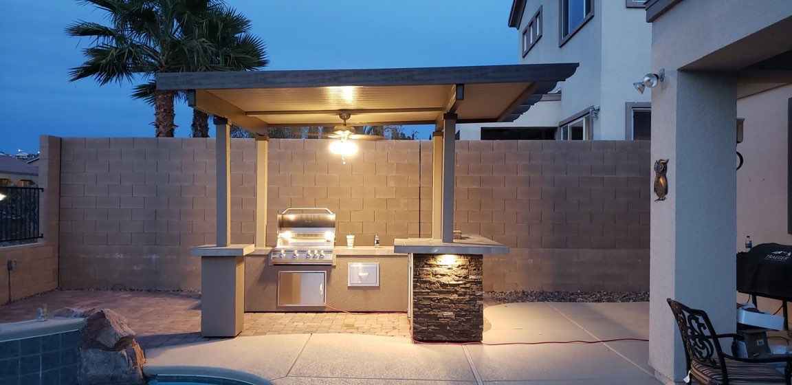 KoKoMo Outdoor Kitchen BBQ Island with 12'x12' Pergola – Built-In 4-Burner Grill, Refrigerator, and Lighting