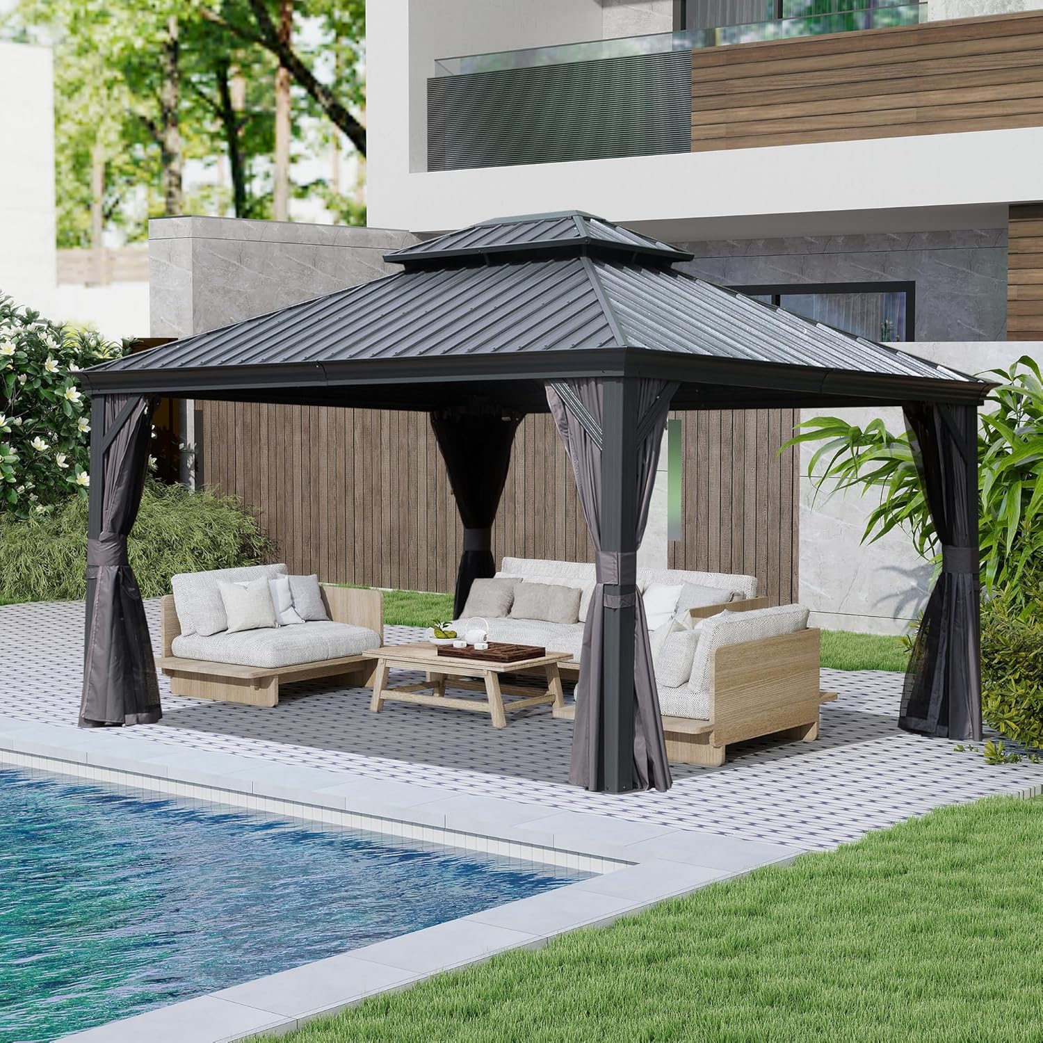 10x13FT Outdoor Gazebo with Galvanized Steel Double Roof