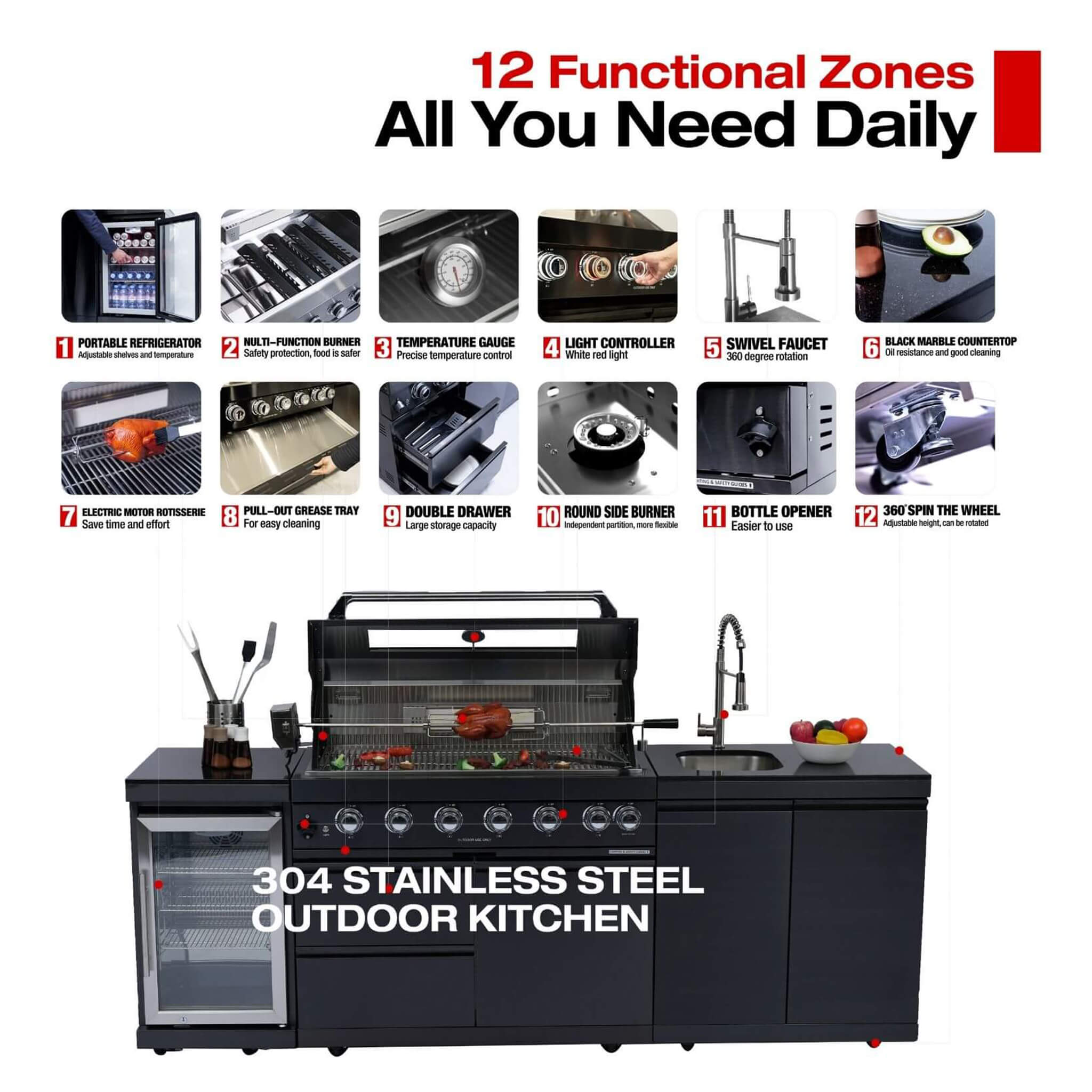 Castelle Flame Belmont 43-Inch 6-Burner 85K BTU Stainless Steel Outdoor BBQ Kitchen Grill Island With Wine Cooler, Rotisserie, And Sink (SAK19476)