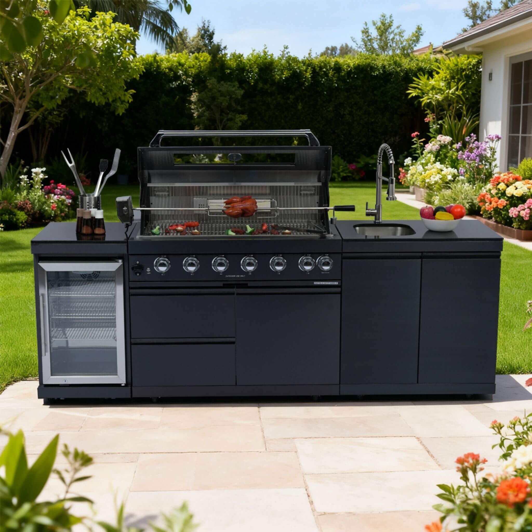 Castelle Flame Belmont 43-Inch 6-Burner 85K BTU Stainless Steel Outdoor BBQ Kitchen Grill Island With Wine Cooler, Rotisserie, And Sink (SAK19476)