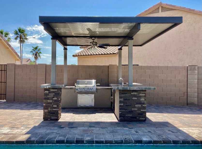 KoKoMo Outdoor Kitchen BBQ Island with 12'x12' Pergola – Built-In 4-Burner Grill, Refrigerator, and Lighting