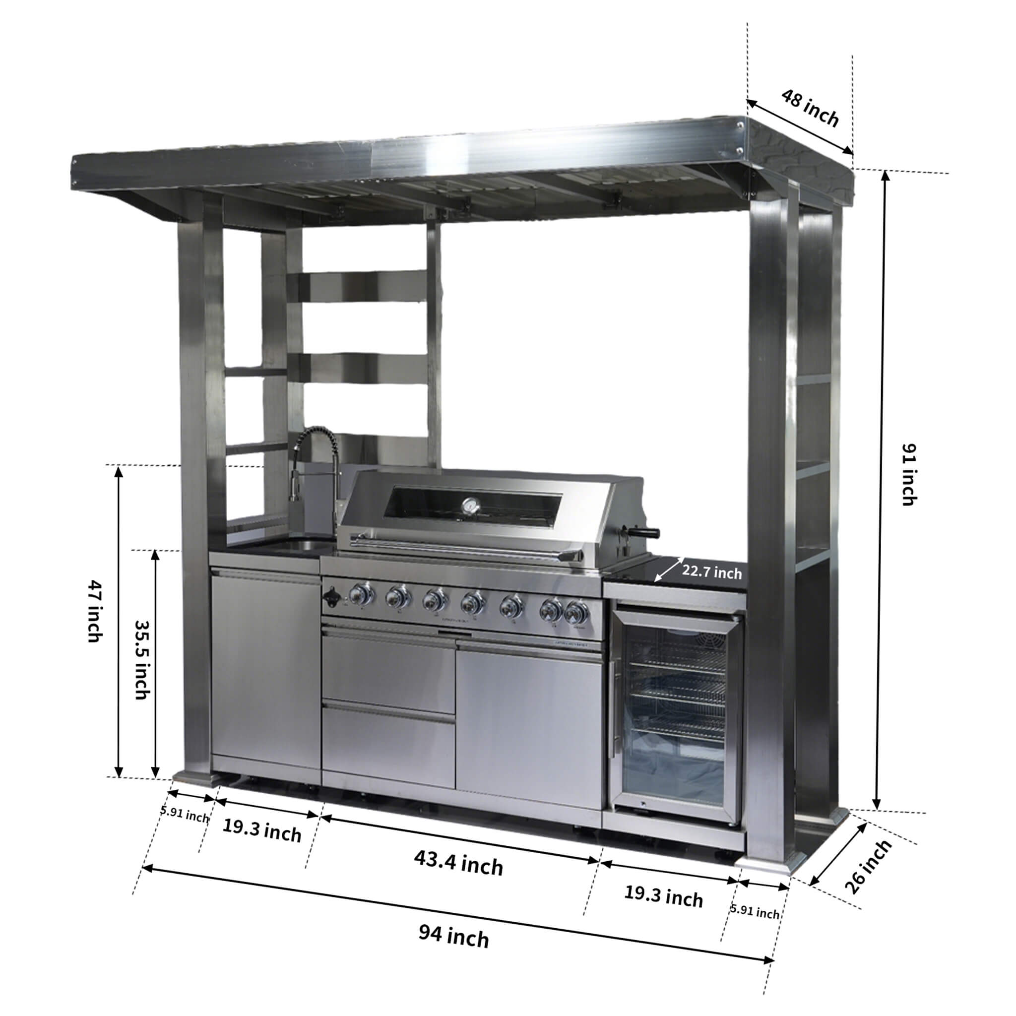 Castelle Flame Astoria 94-Inch 6-Burner 85K BTU Outdoor Kitchen Liquid Propane Grill Island With Wine Cooler, Rotisserie, Cabinets, And Granite Countertops (SAK68014)