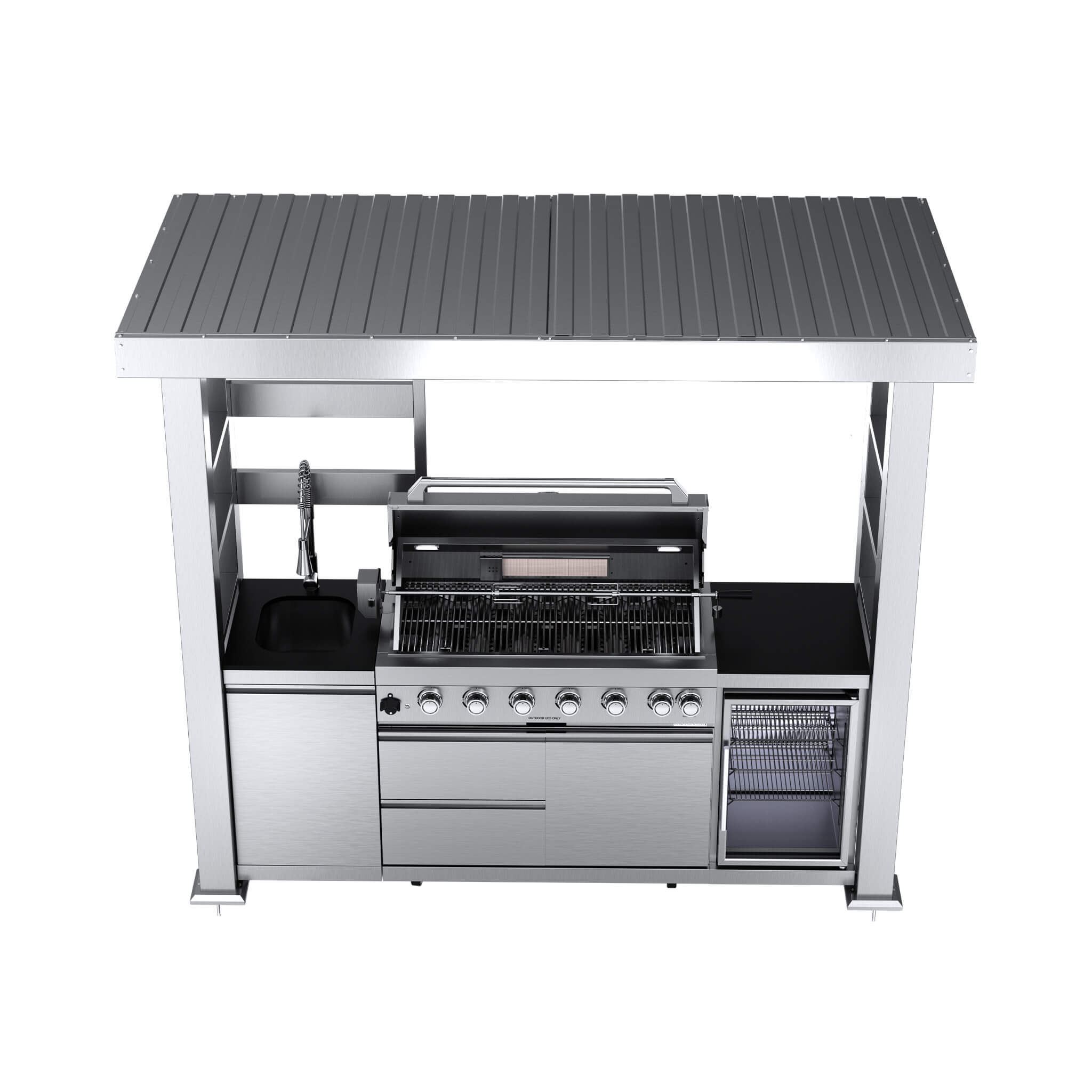 Castelle Flame Astoria 94-Inch 6-Burner 85K BTU Outdoor Kitchen Liquid Propane Grill Island With Wine Cooler, Rotisserie, Cabinets, And Granite Countertops (SAK68014)