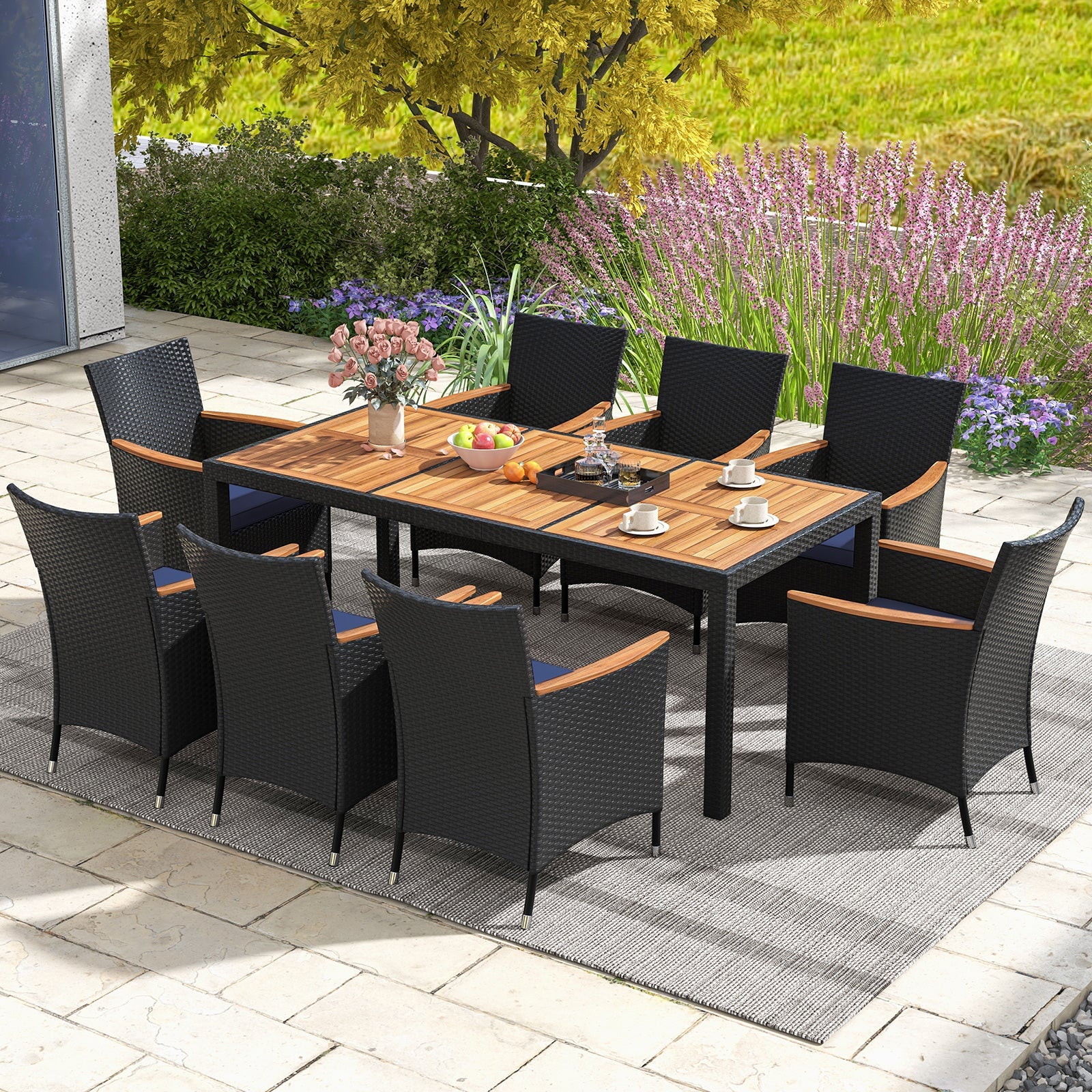 9-Piece Outdoor Dining Set with Acacia Wood Tabletop & PE Rattan