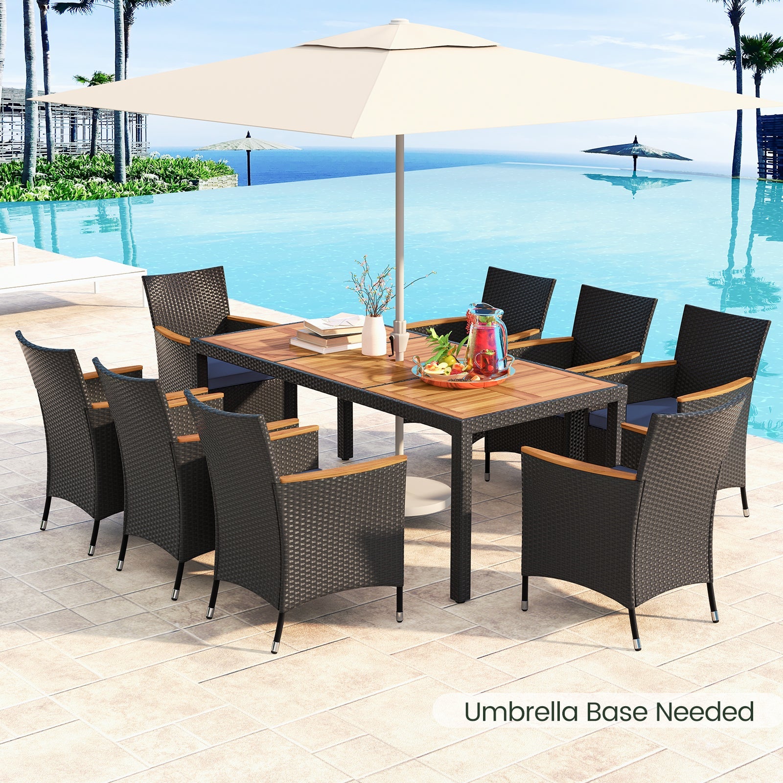9-Piece Outdoor Dining Set with Acacia Wood Tabletop & PE Rattan