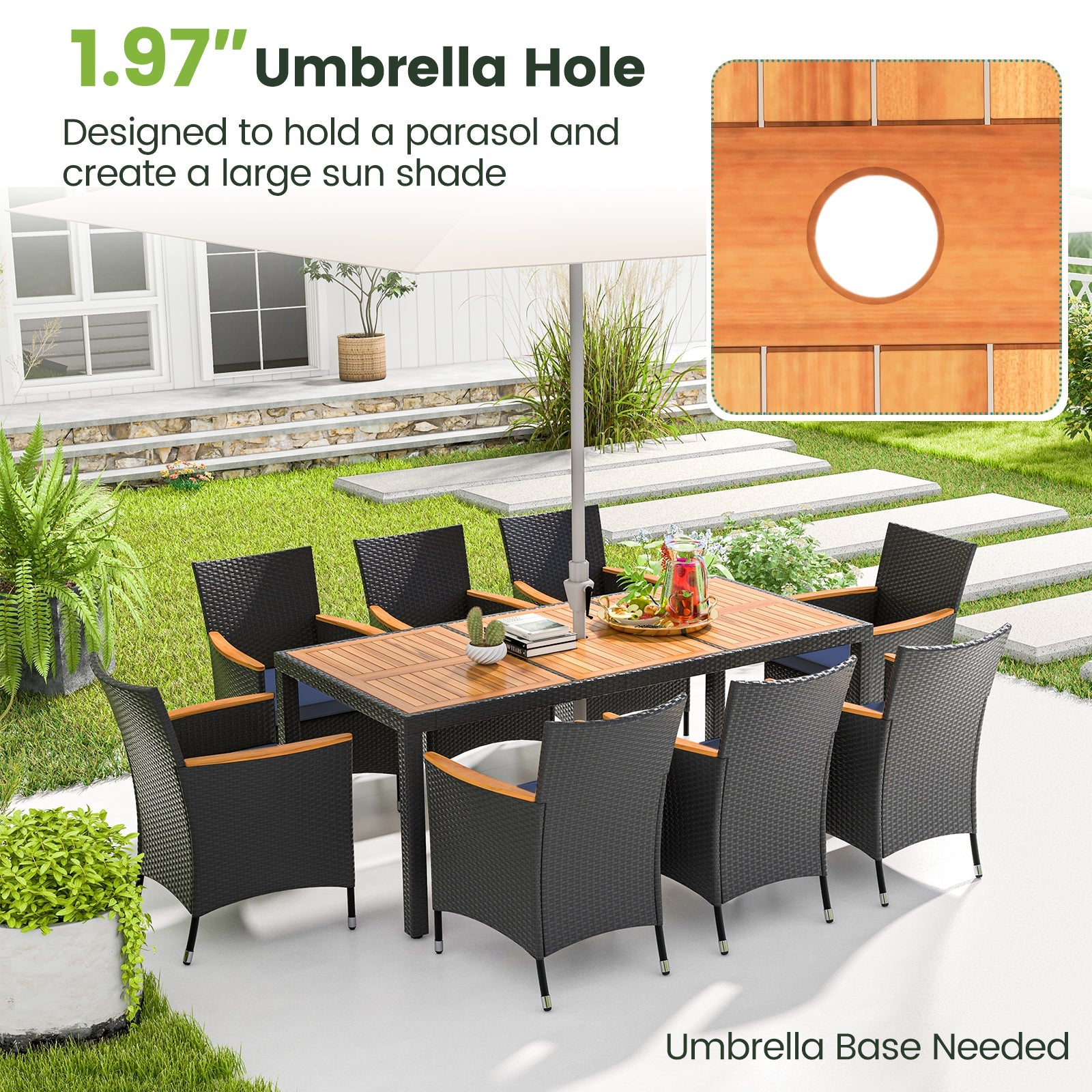 9-Piece Outdoor Dining Set with Acacia Wood Tabletop & PE Rattan