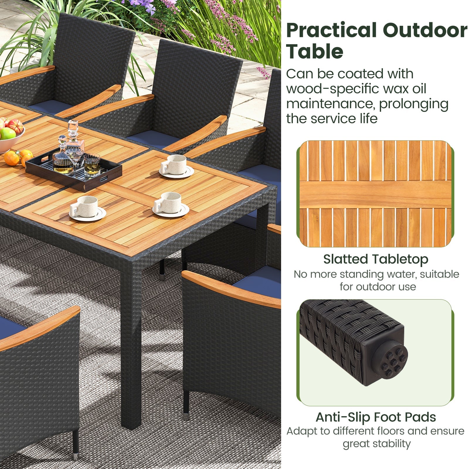 9-Piece Outdoor Dining Set with Acacia Wood Tabletop & PE Rattan