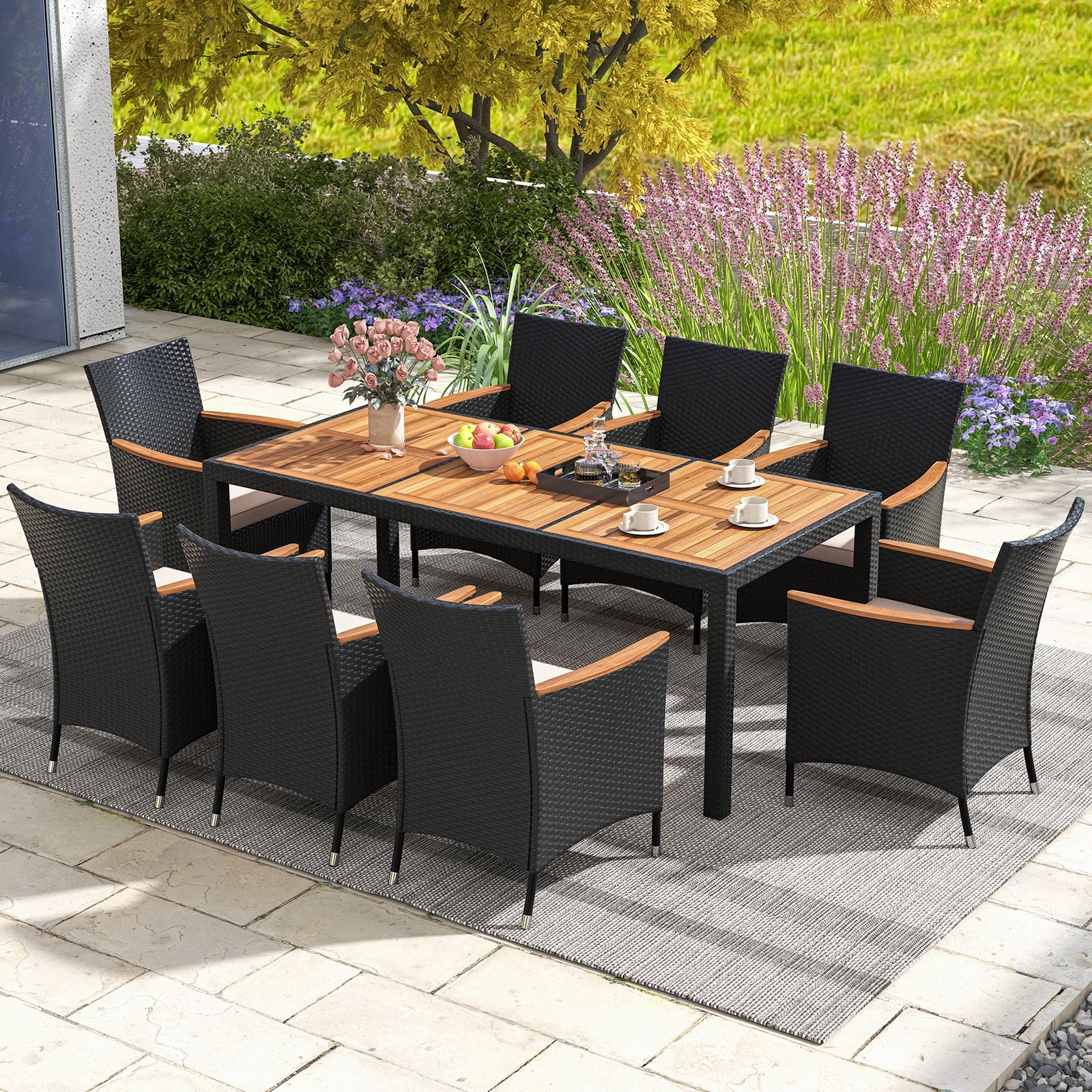 9-Piece Outdoor Dining Set with Acacia Wood Tabletop & PE Rattan