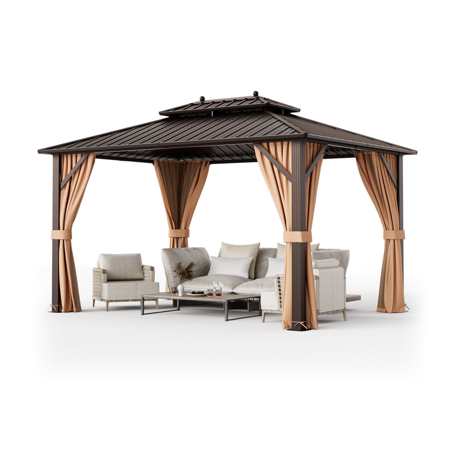 Double-Roof Patio Hardtop Gazebo with Galvanized Steel Roof Netting and Curtains-Coffee 10'x13'