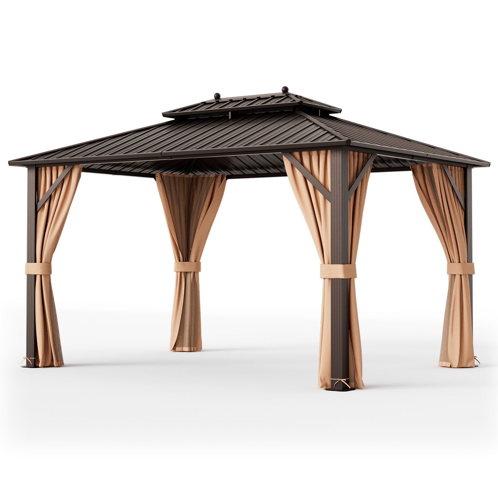 Double-Roof Patio Hardtop Gazebo with Galvanized Steel Roof Netting and Curtains-Coffee 10'x13'