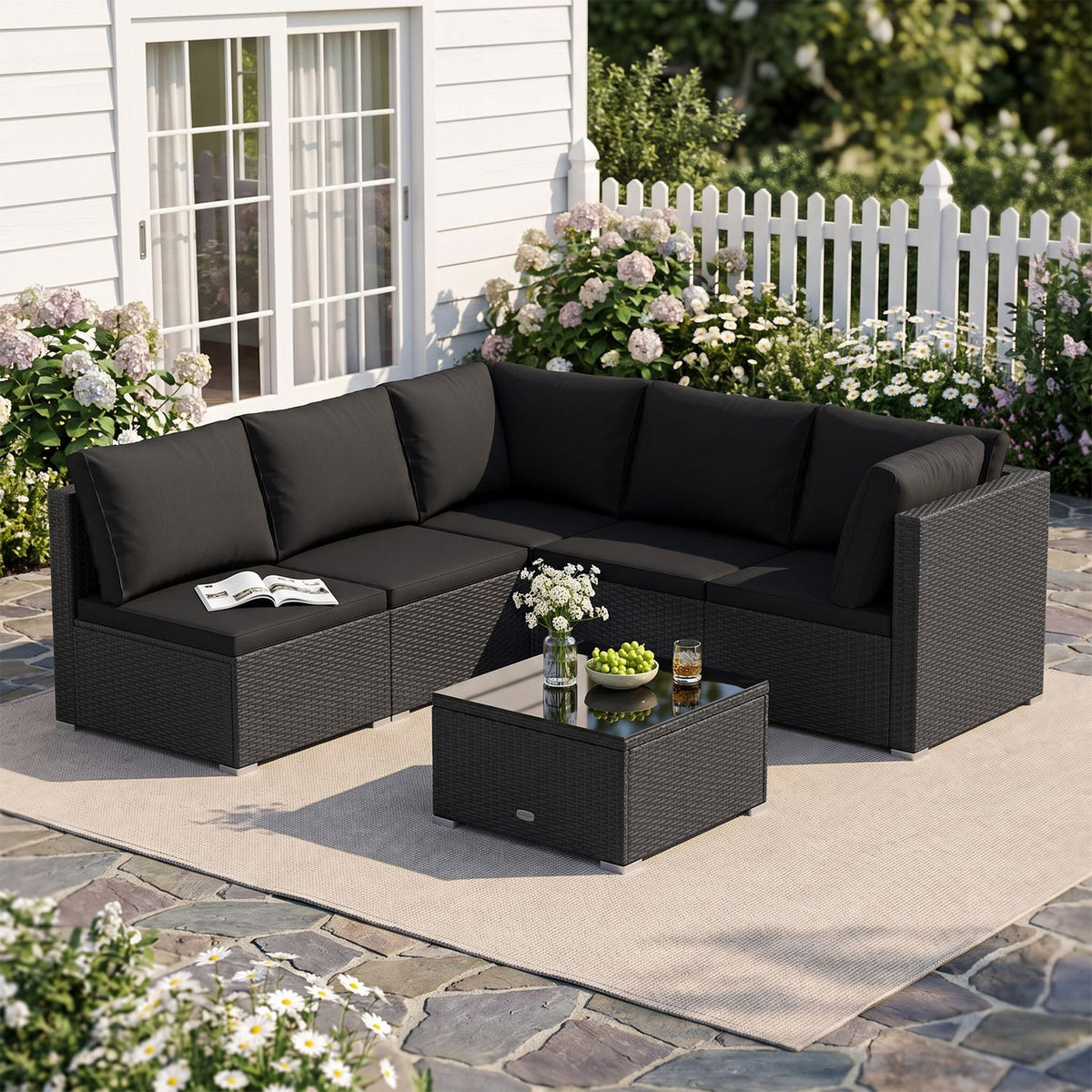 6 Pieces Patio Rattan Furniture Set with Cushions